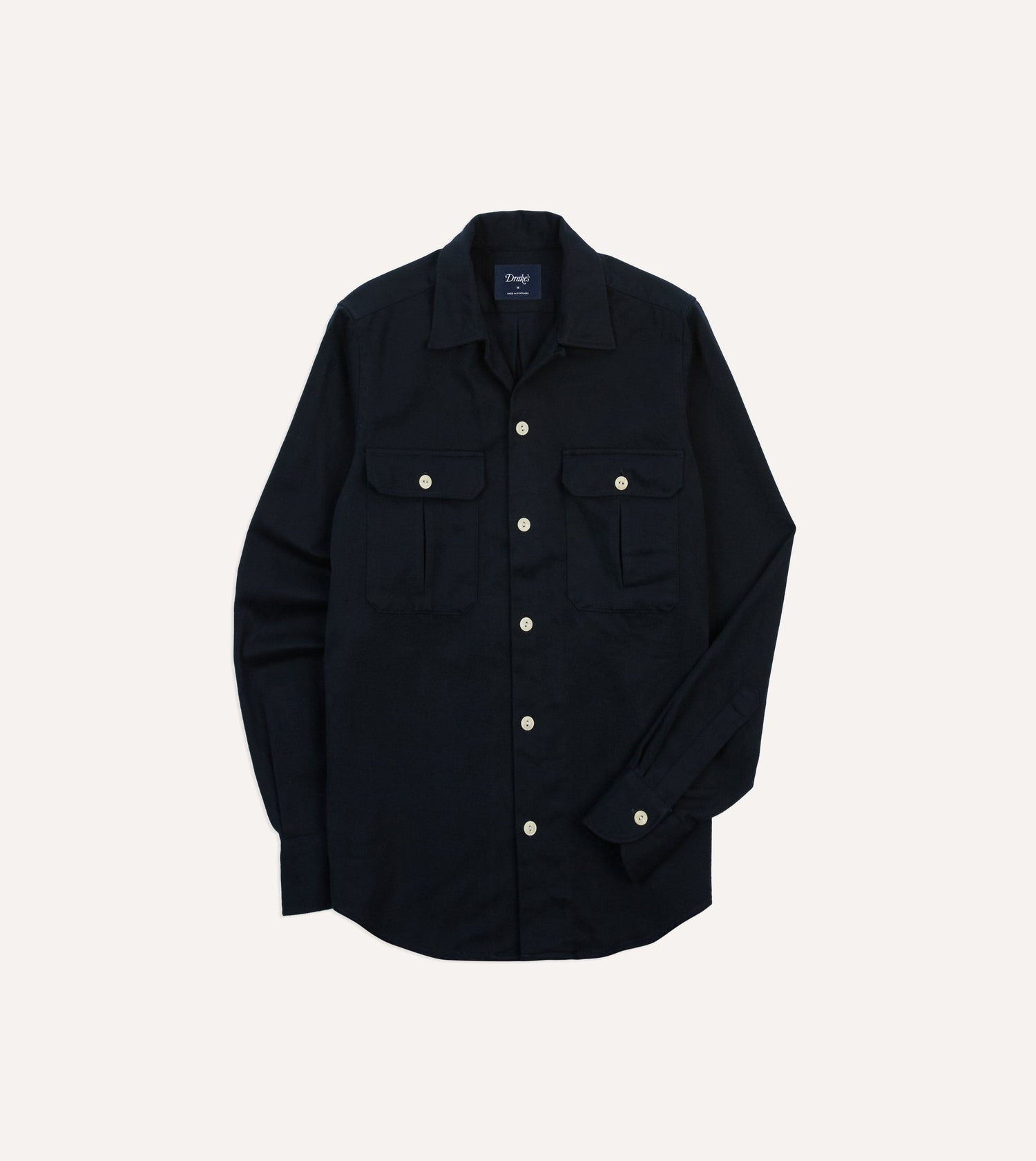 Navy Brushed Cotton Twill Two-Pocket Camp Collar Work Shirt