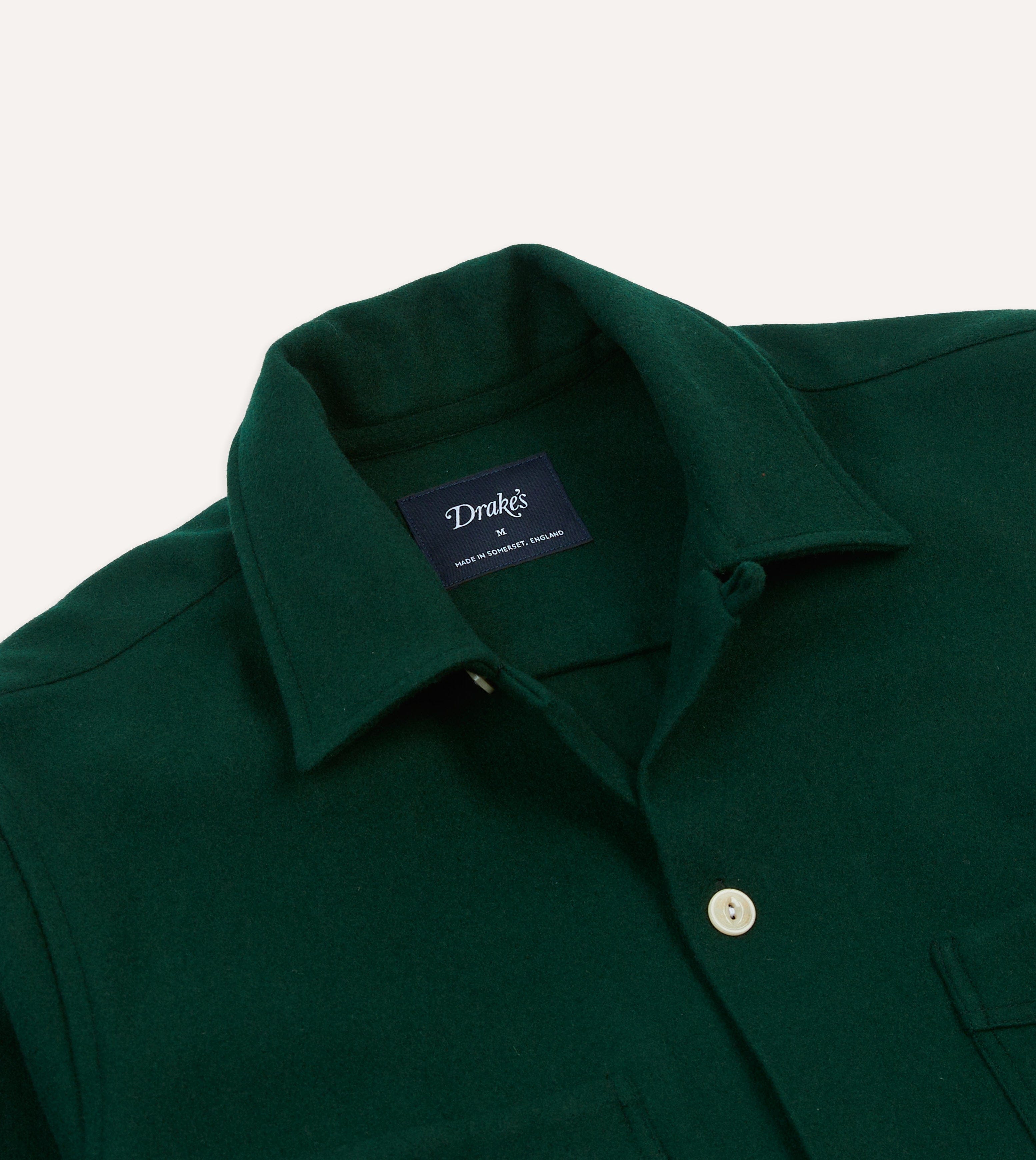 Green Wool Four-Pocket Camp Collar Work Shirt – Drakes