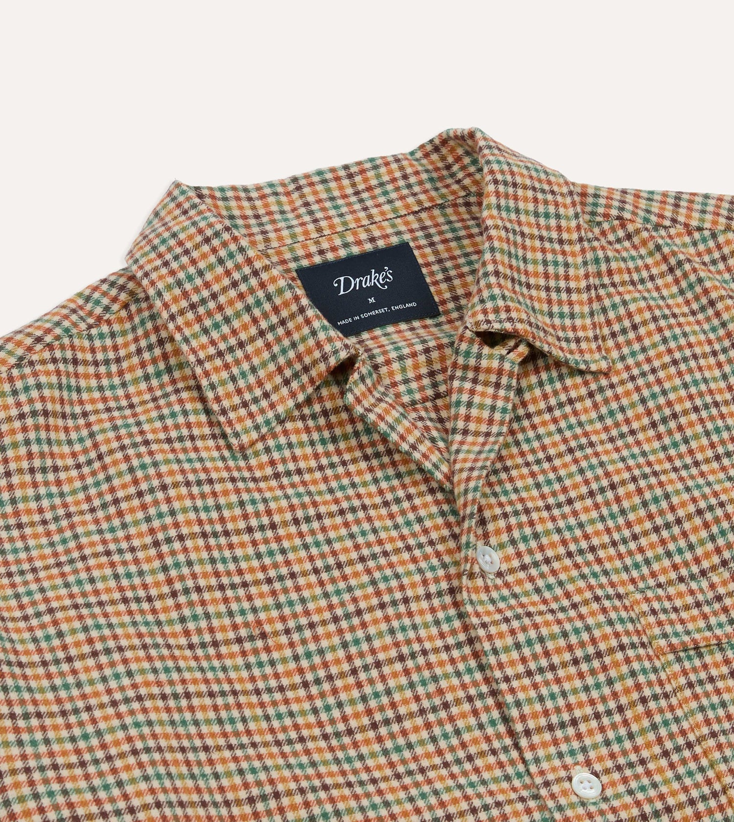 Brown and Green Check Brushed Cotton Twill Camp Collar Long Sleeve Shirt
