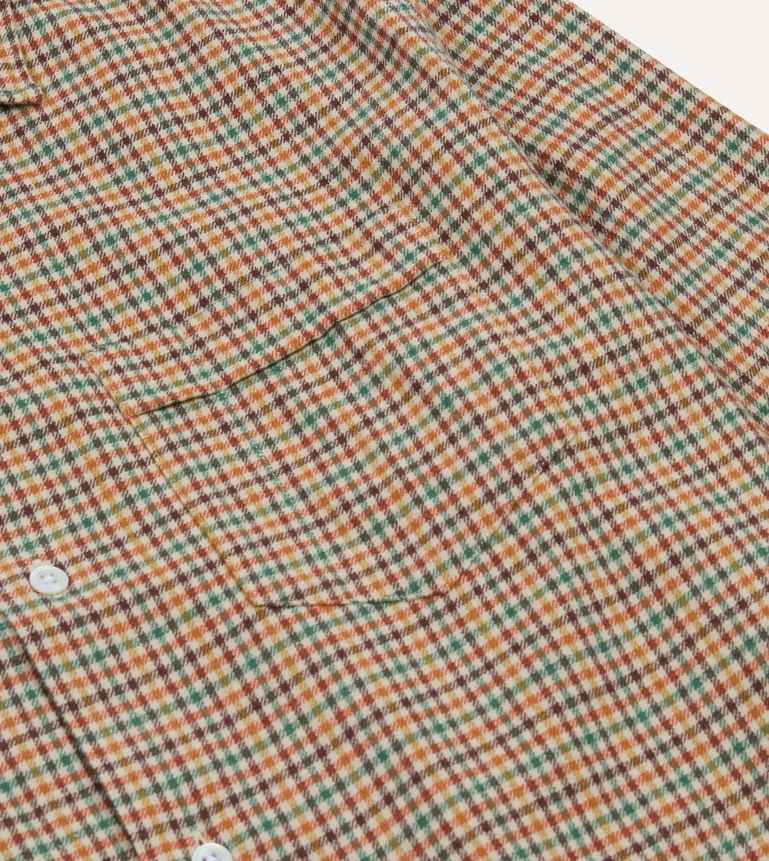 Brown and Green Check Brushed Cotton Twill Camp Collar Long Sleeve Shirt