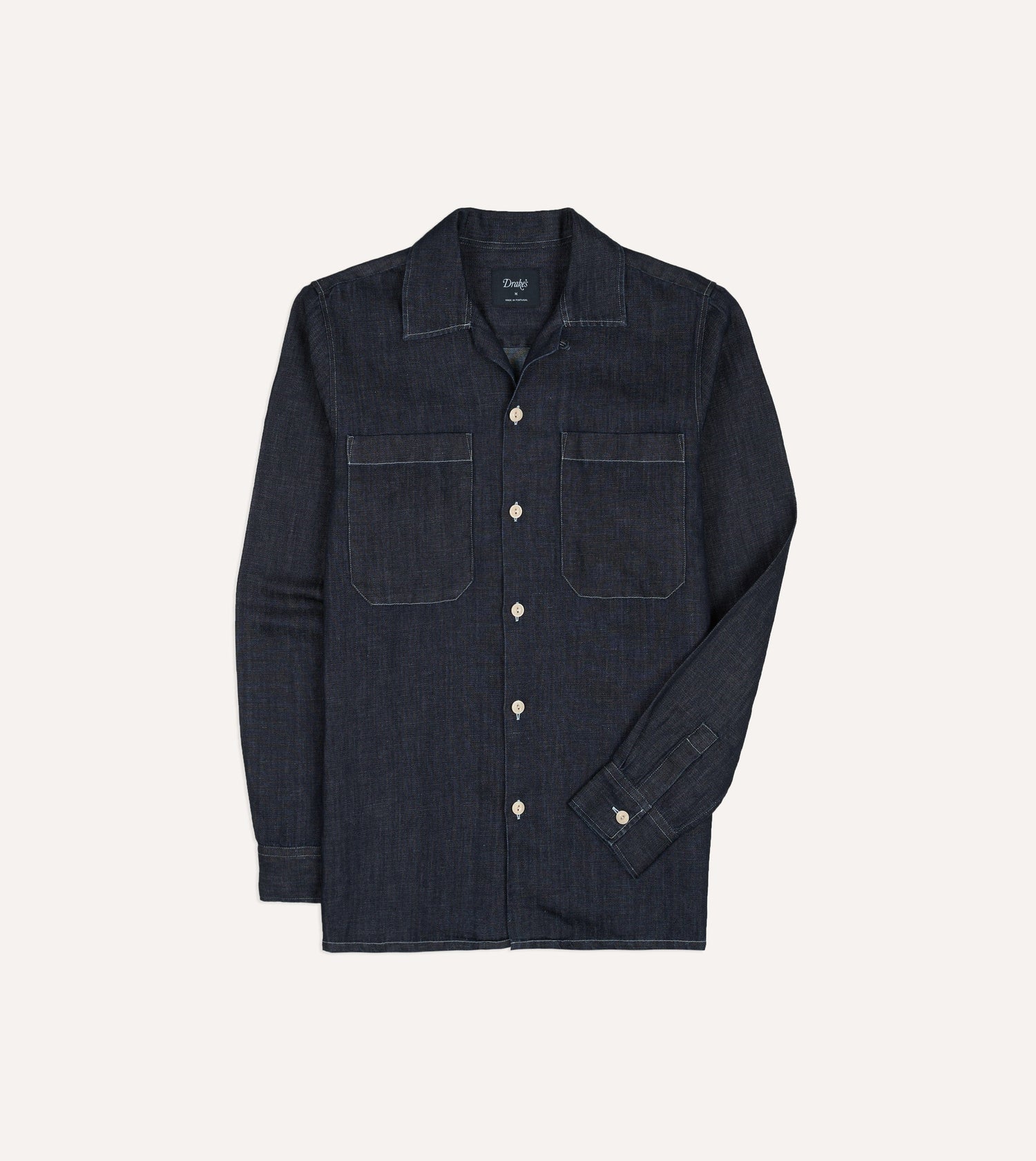 Navy Cotton-Hemp Denim Camp Collar Work Shirt