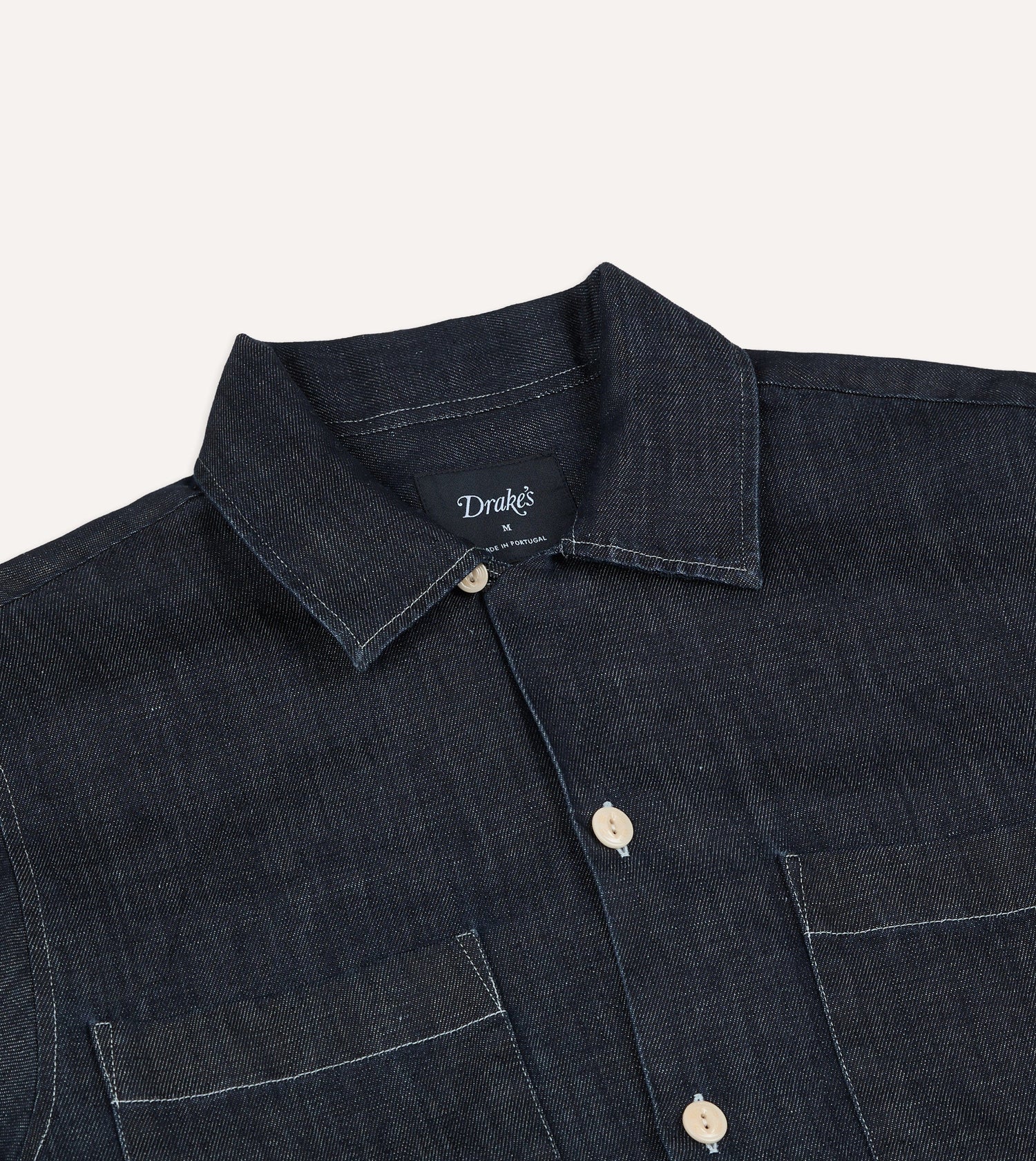 Navy Cotton-Hemp Denim Camp Collar Work Shirt