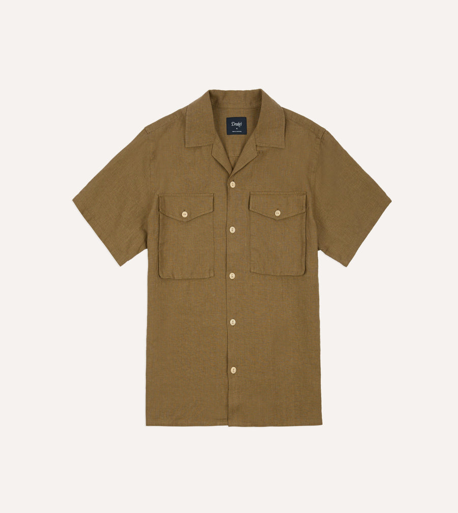 Khaki Linen Short Sleeve Camp Collar Military Shirt