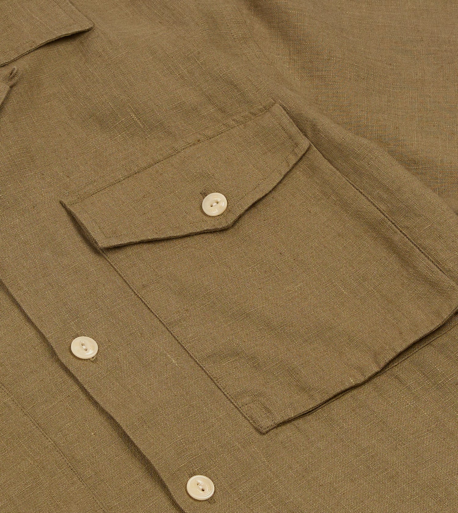 Khaki Linen Short Sleeve Camp Collar Military Shirt