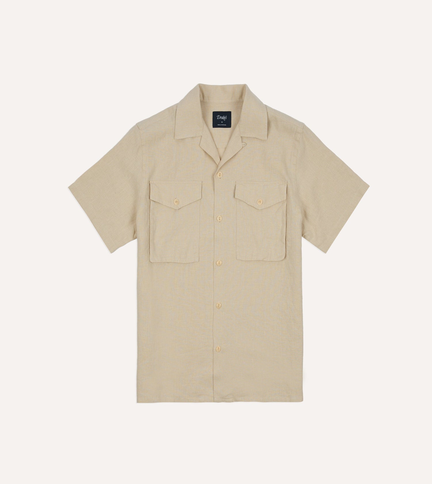 Ecru Linen Short Sleeve Camp Collar Military Shirt