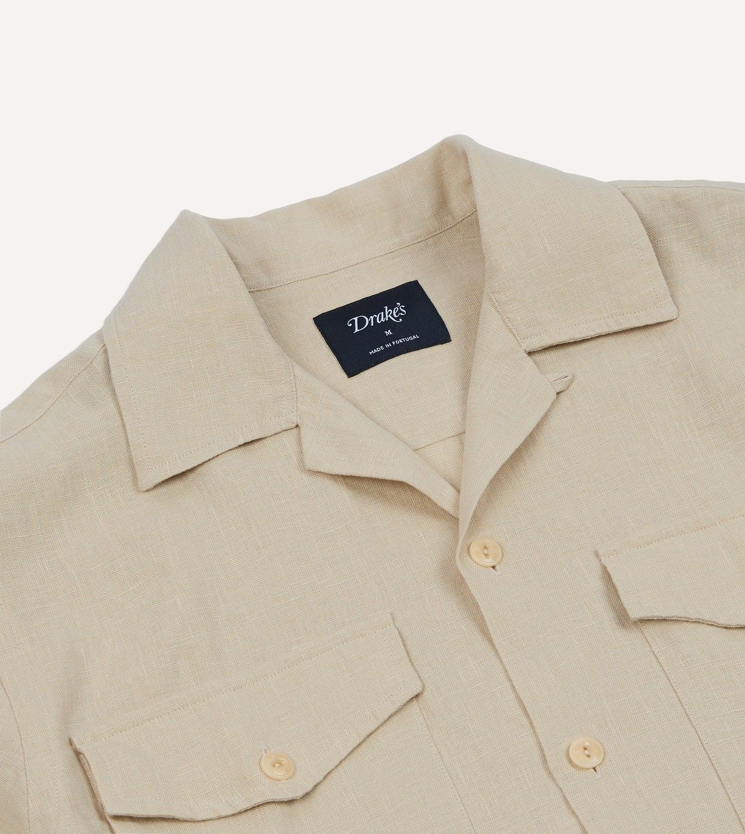 Ecru Linen Short Sleeve Camp Collar Military Shirt