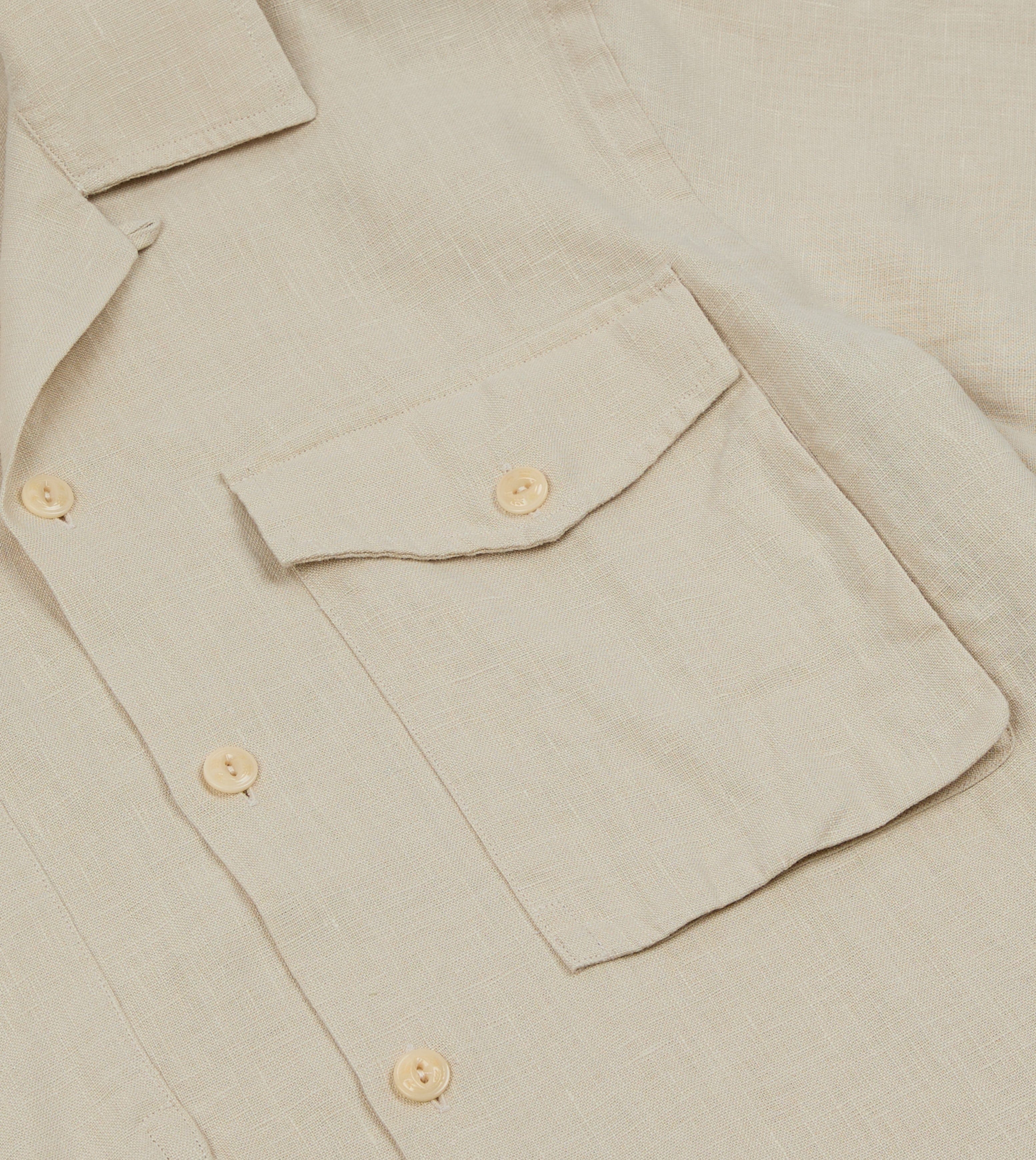 Ecru Linen Short Sleeve Camp Collar Military Shirt – Drakes