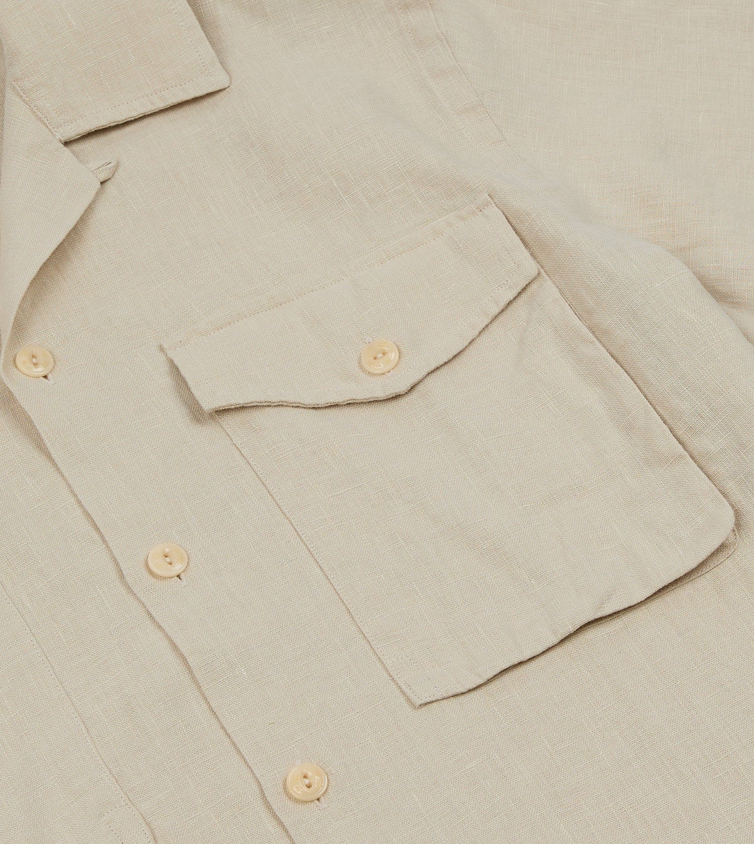 Ecru Linen Short Sleeve Camp Collar Military Shirt