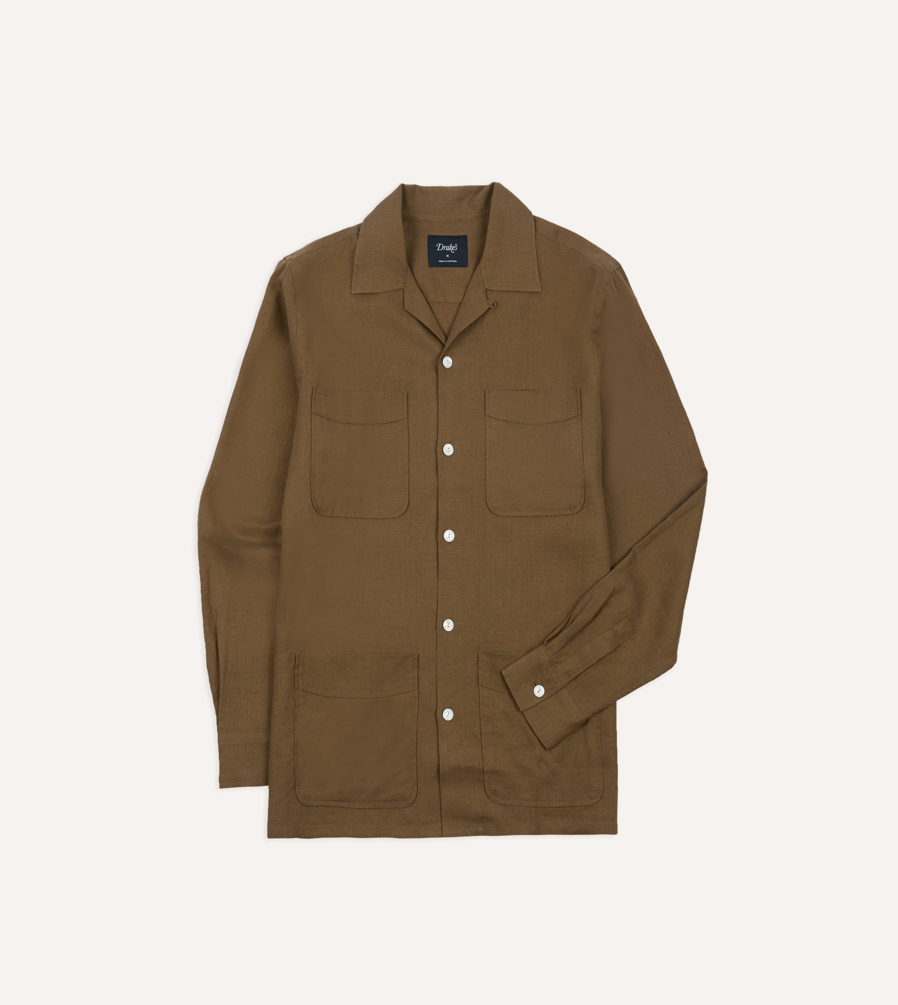 Khaki Linen Four-Pocket Camp Collar Work Shirt