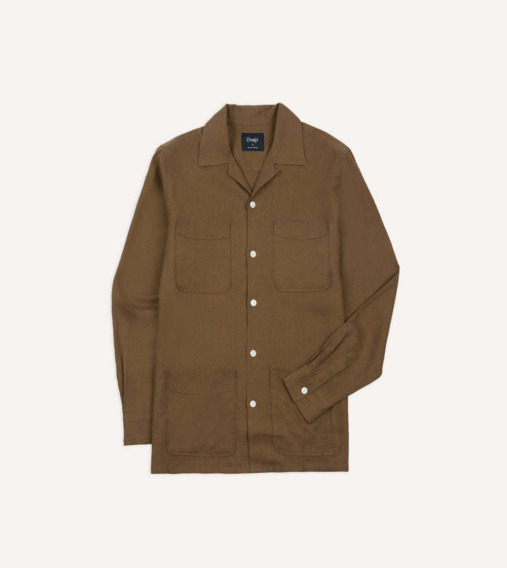 Khaki Linen Four-Pocket Camp Collar Work Shirt