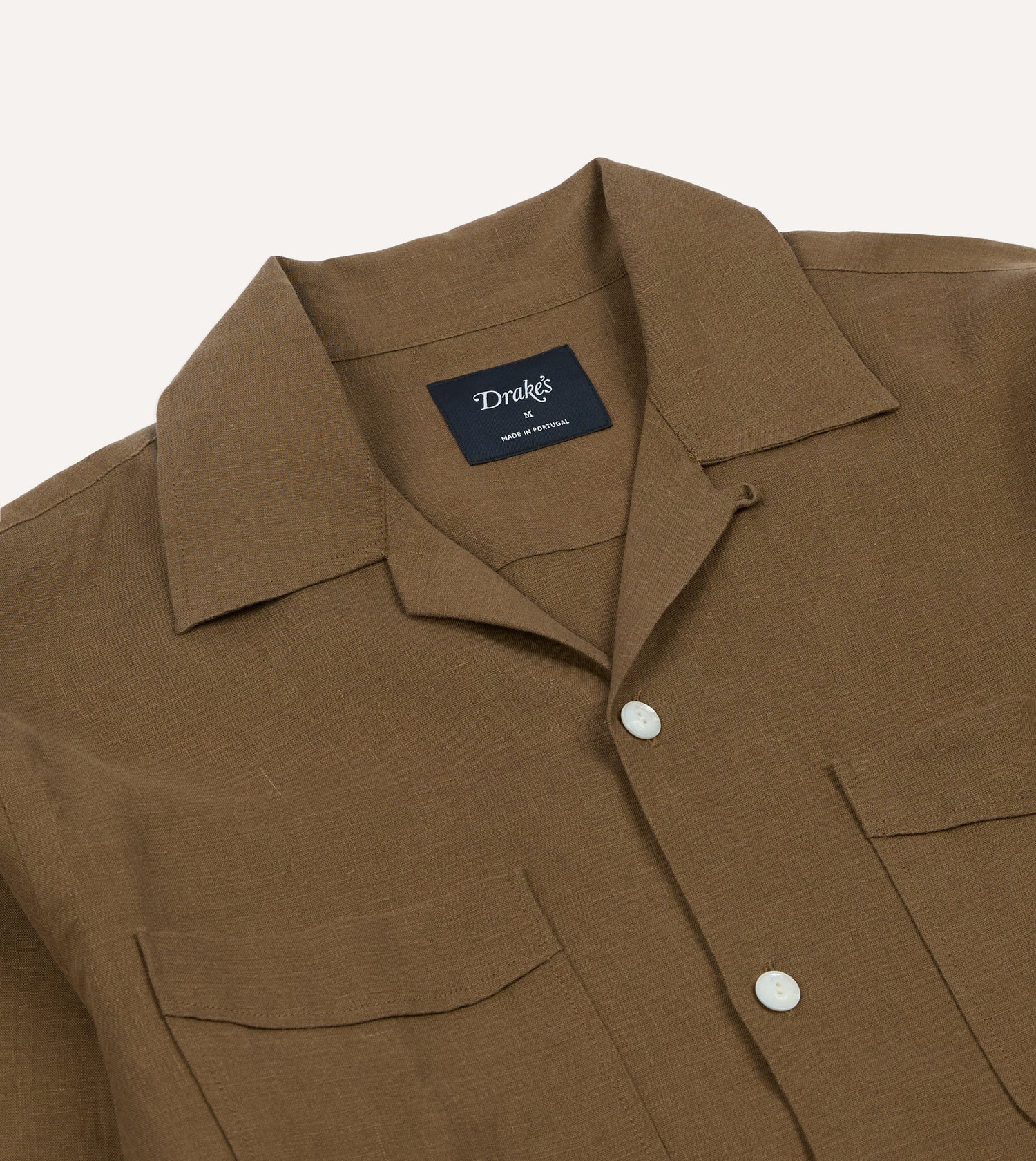 Khaki Linen Four-Pocket Camp Collar Work Shirt