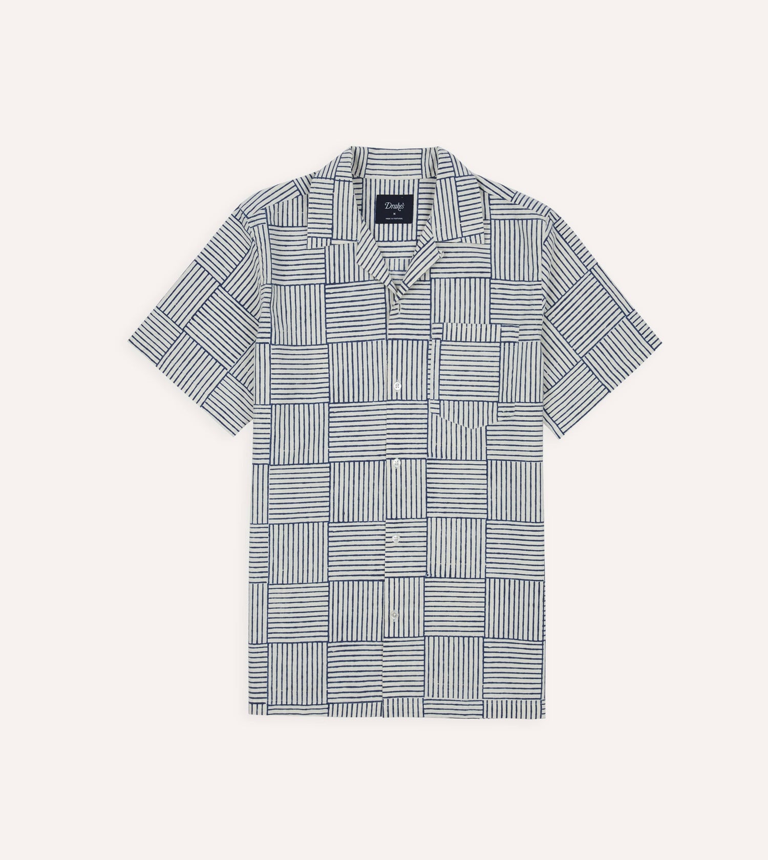 Navy Weave Block Print Cotton Camp Collar Short Sleeve Shirt