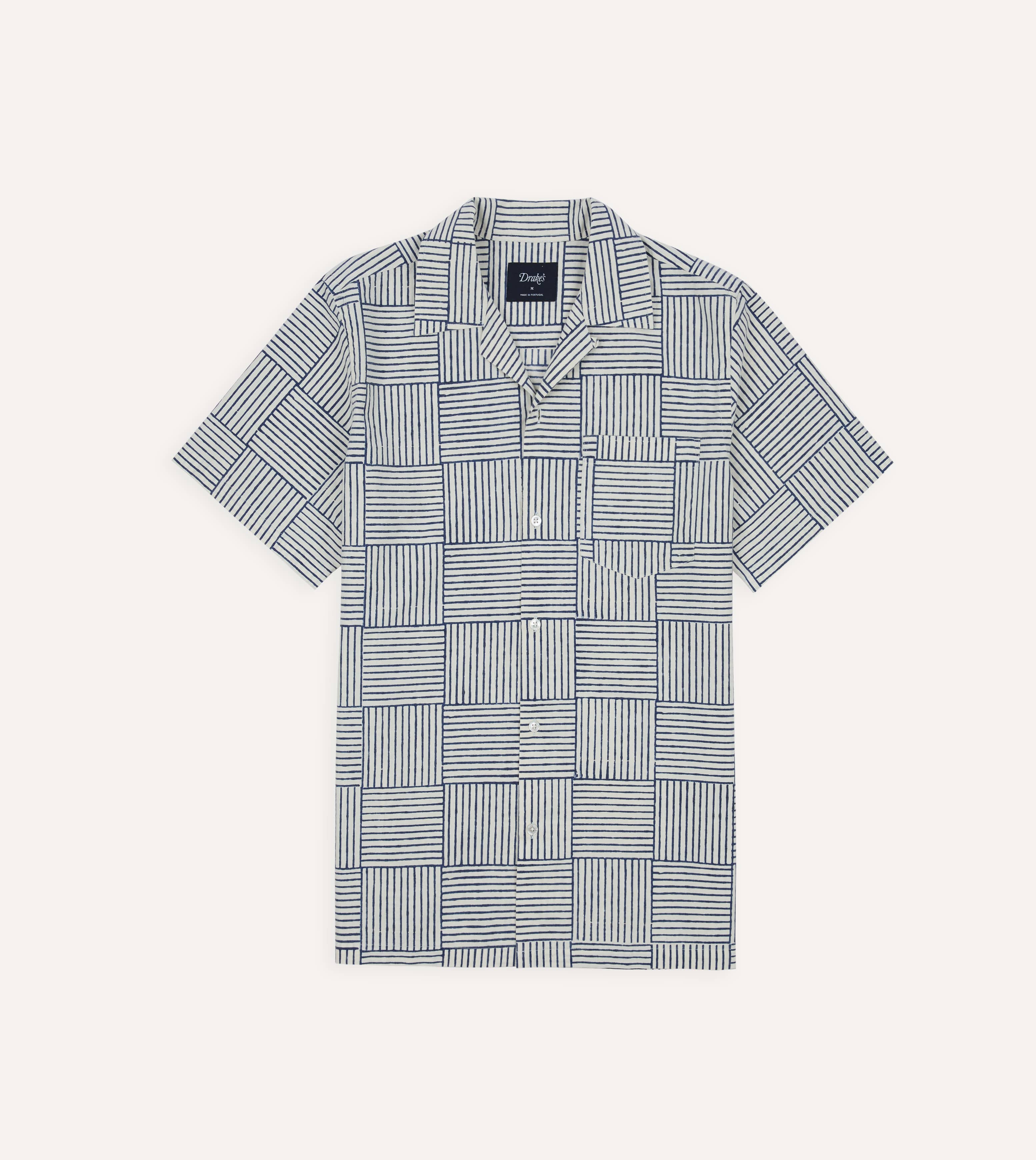 Navy Weave Block Print Cotton Camp Collar Short Sleeve Shirt