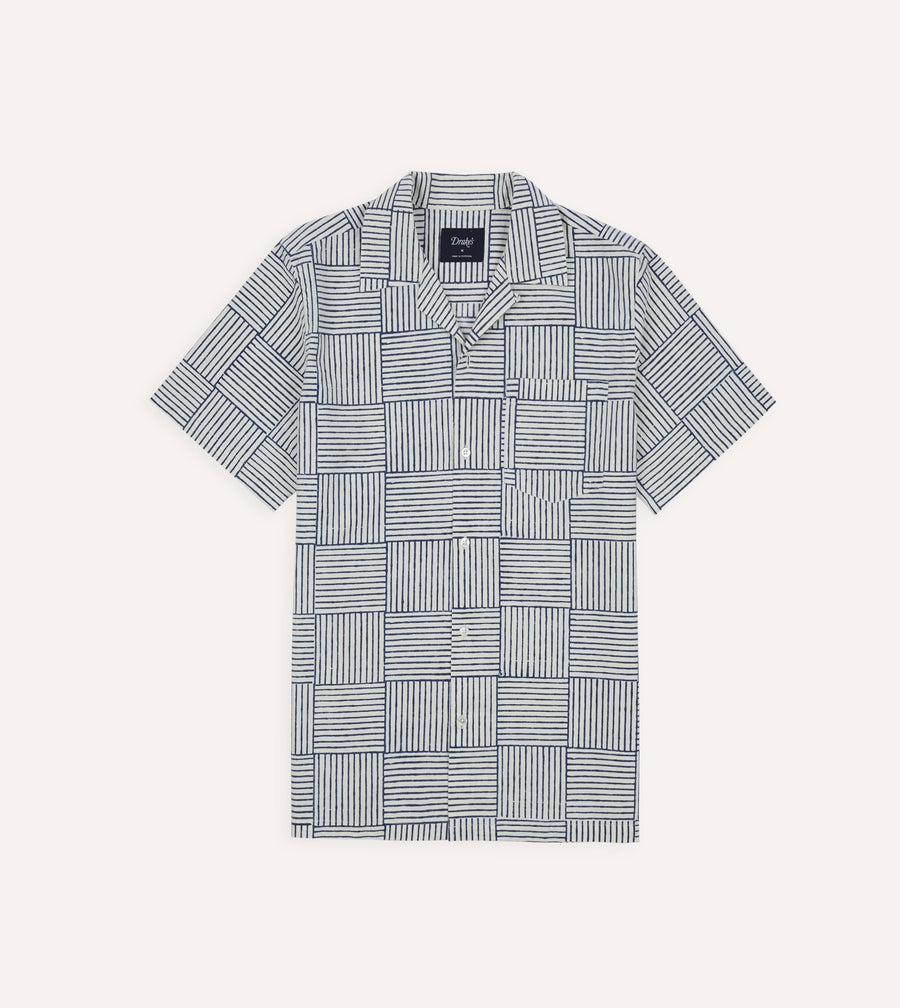 Navy Weave Block Print Cotton Camp Collar Short Sleeve Shirt