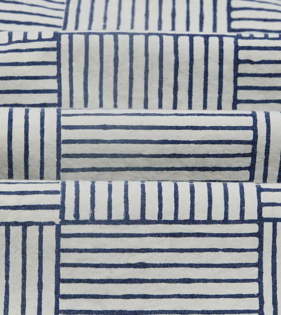 Navy Weave Block Print Cotton Camp Collar Short Sleeve Shirt