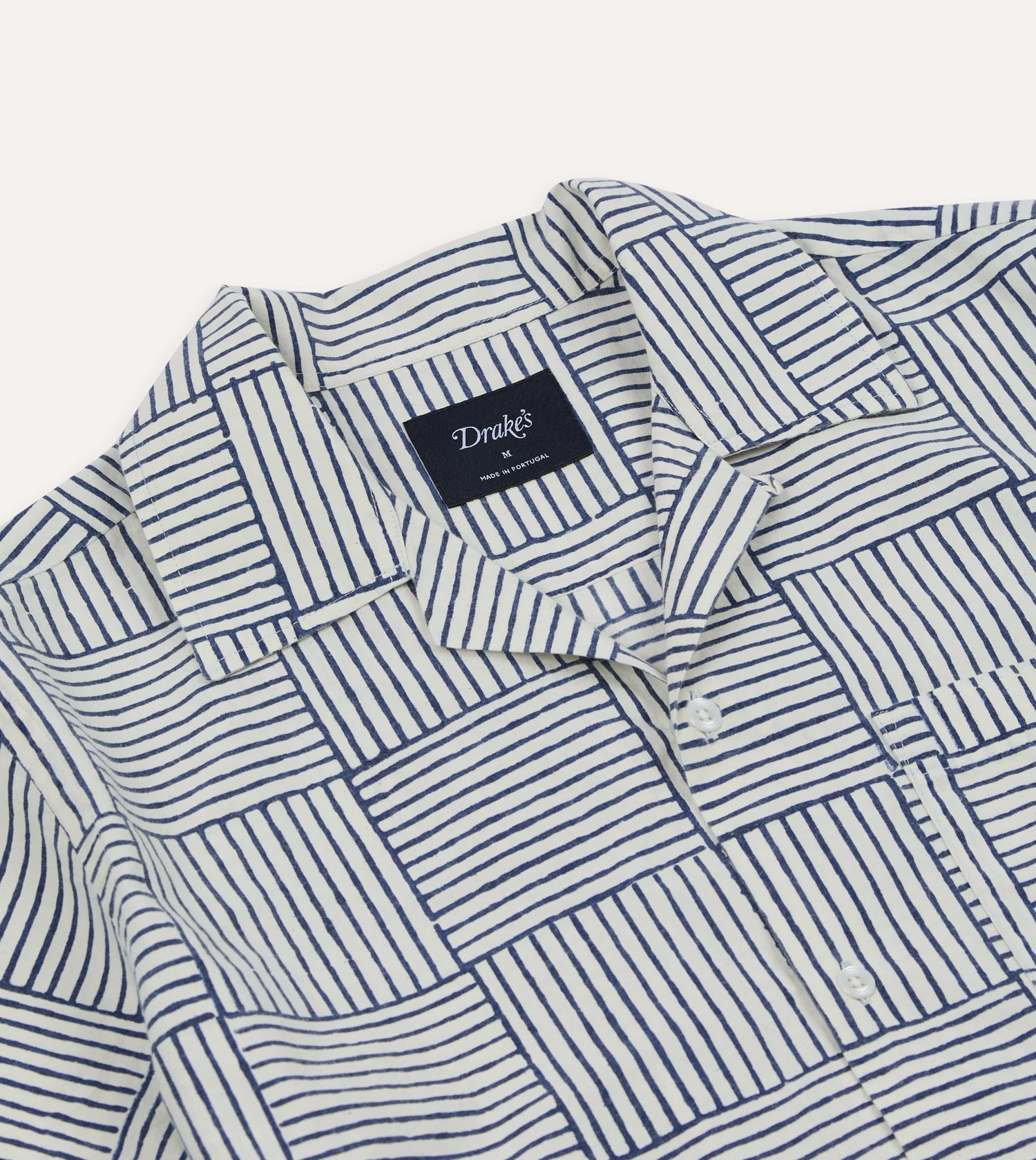 Navy Weave Block Print Cotton Camp Collar Short Sleeve Shirt