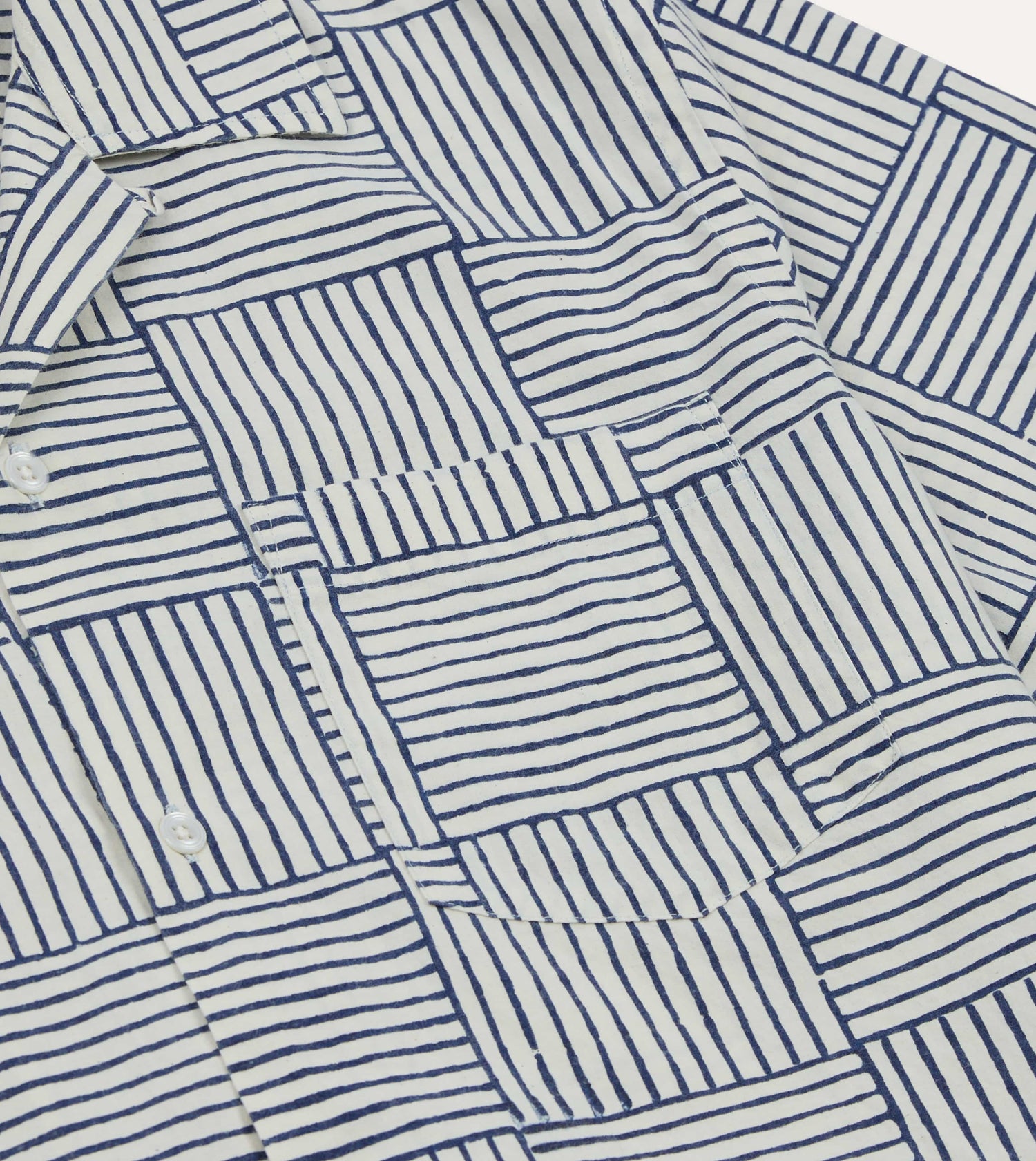 Navy Weave Block Print Cotton Camp Collar Short Sleeve Shirt
