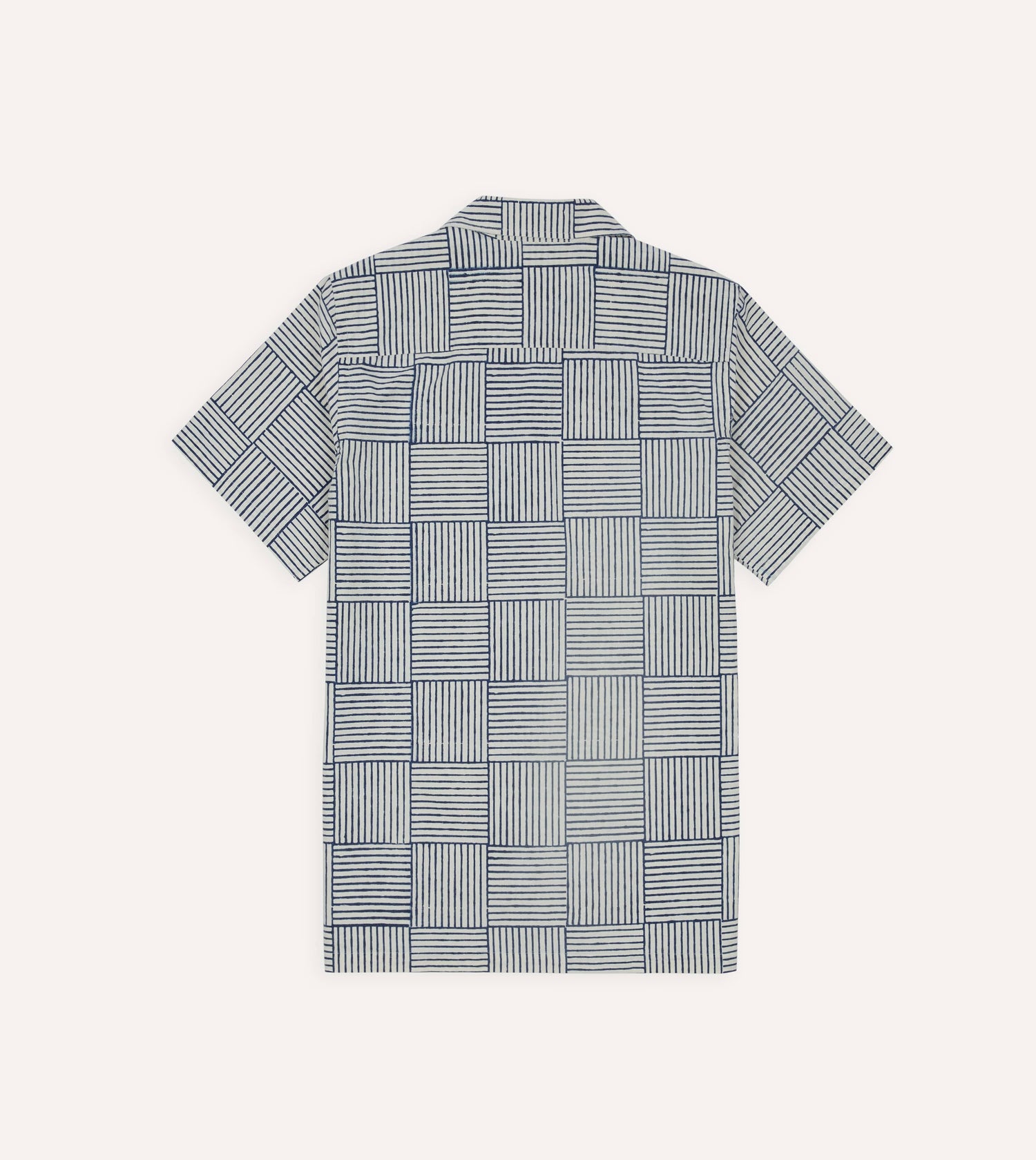 Navy Weave Block Print Cotton Camp Collar Short Sleeve Shirt