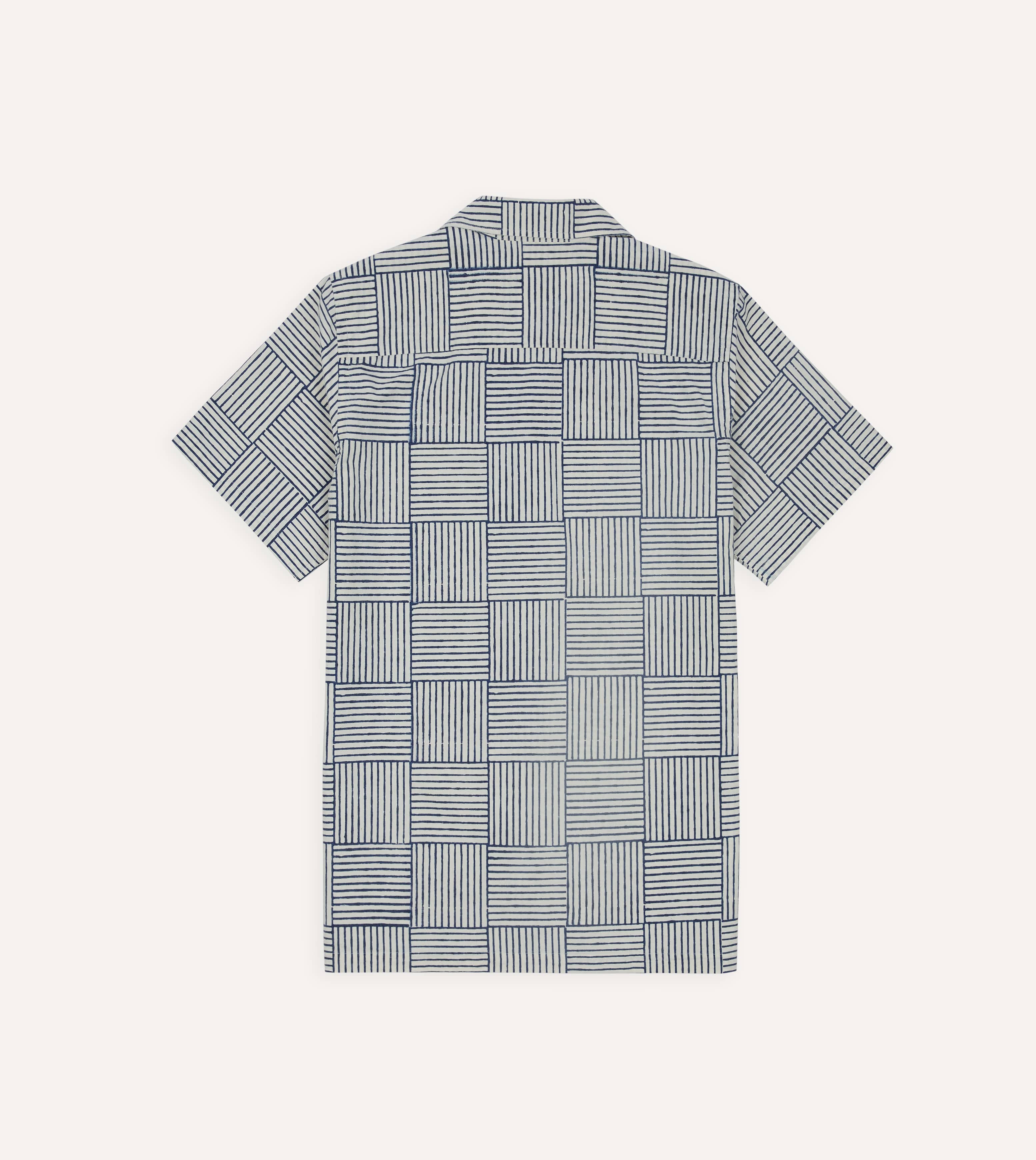 Navy Weave Block Print Cotton Camp Collar Short Sleeve Shirt