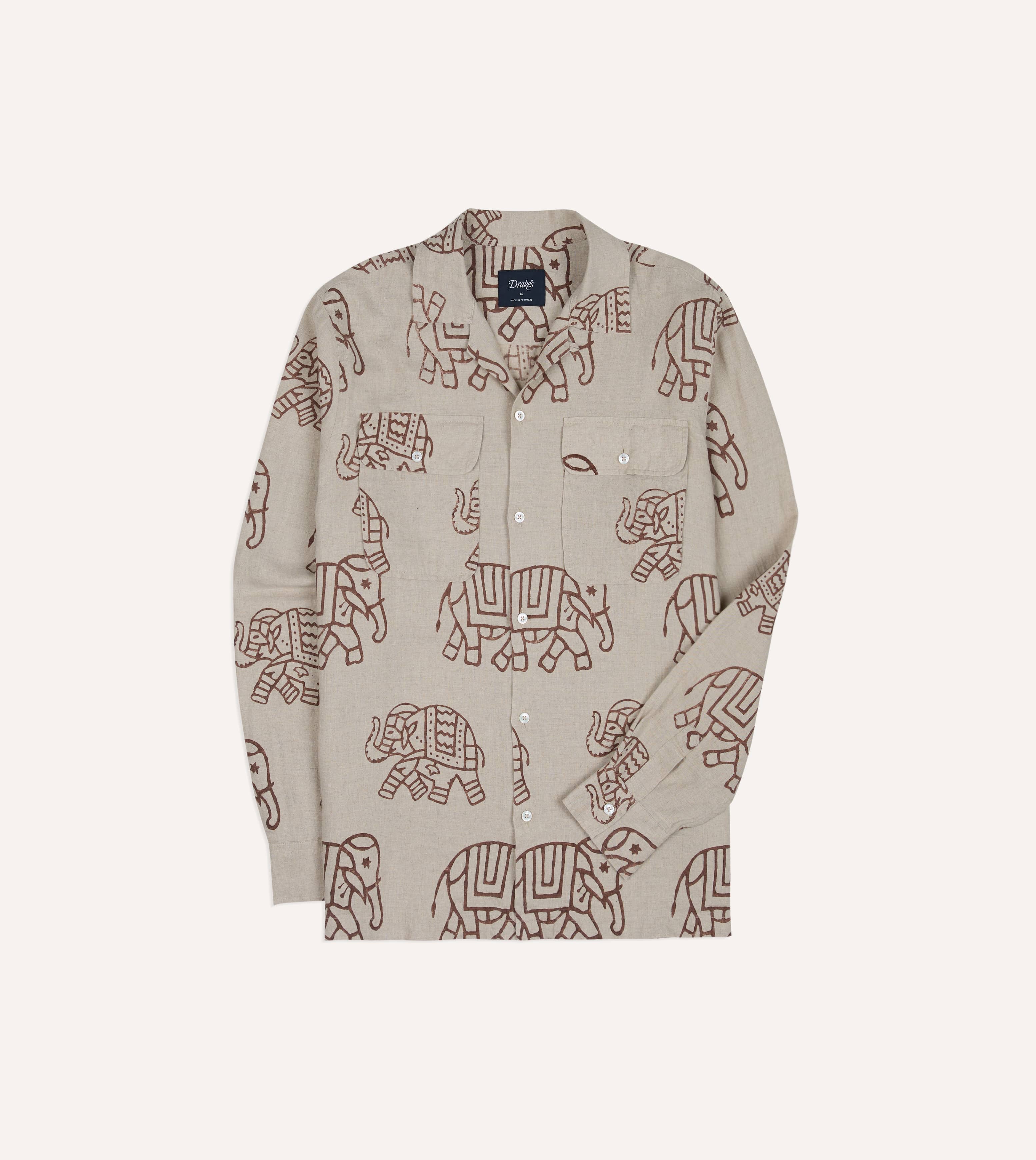 White Elephant Block Print Linen Camp Collar Long Sleeve Shirt