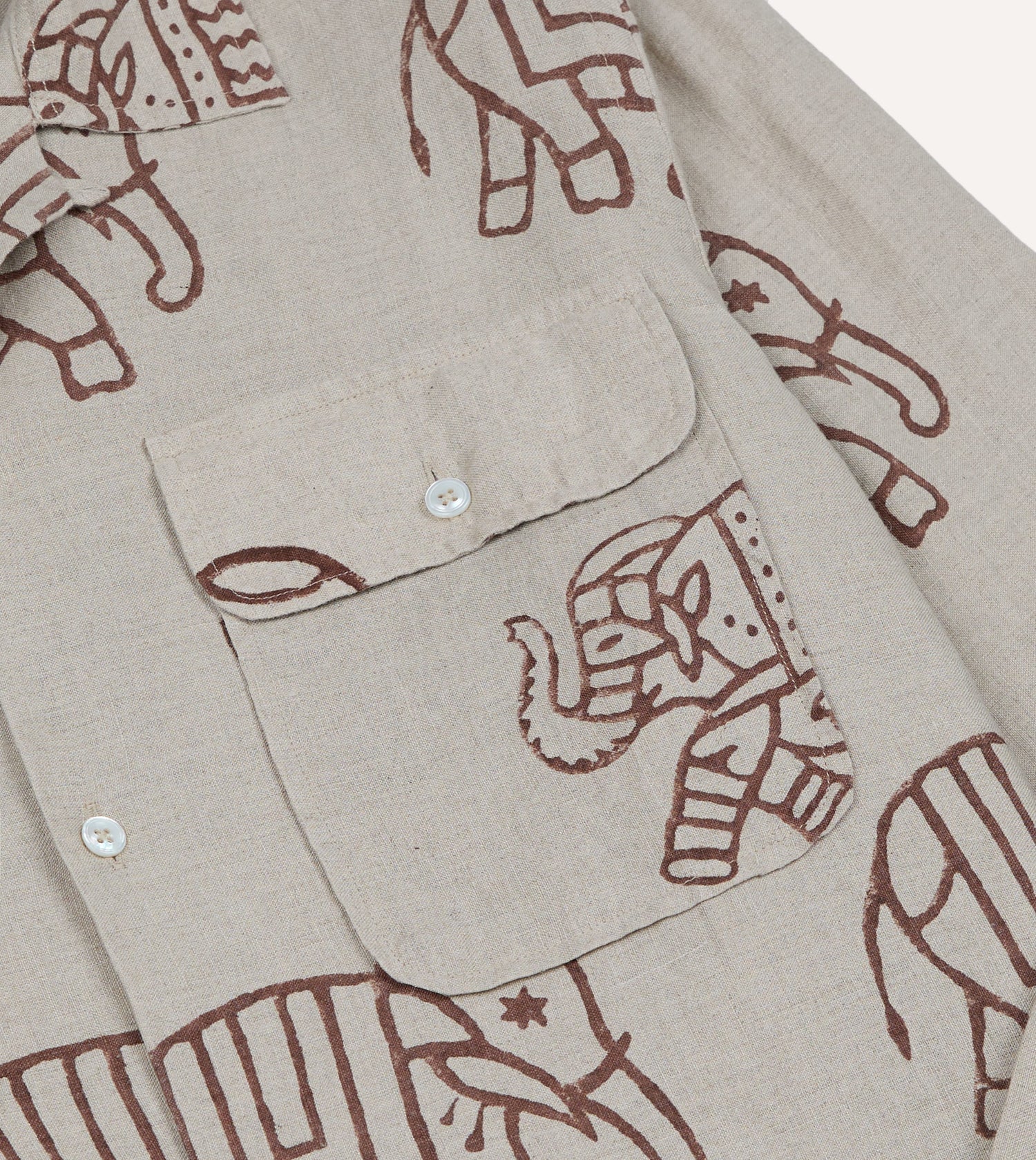 White Elephant Block Print Linen Camp Collar Long Sleeve Shirt