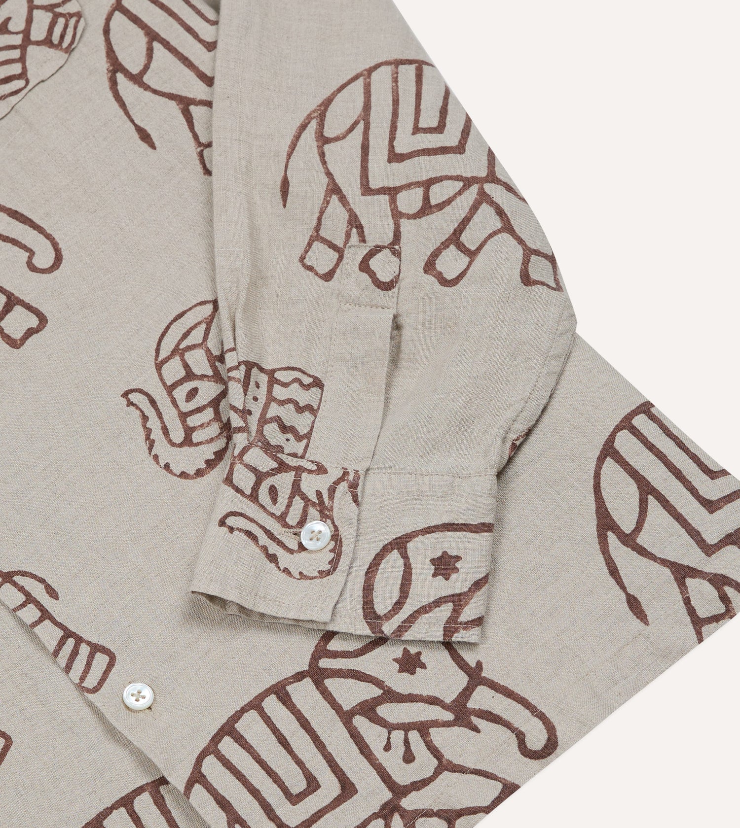 White Elephant Block Print Linen Camp Collar Long Sleeve Shirt