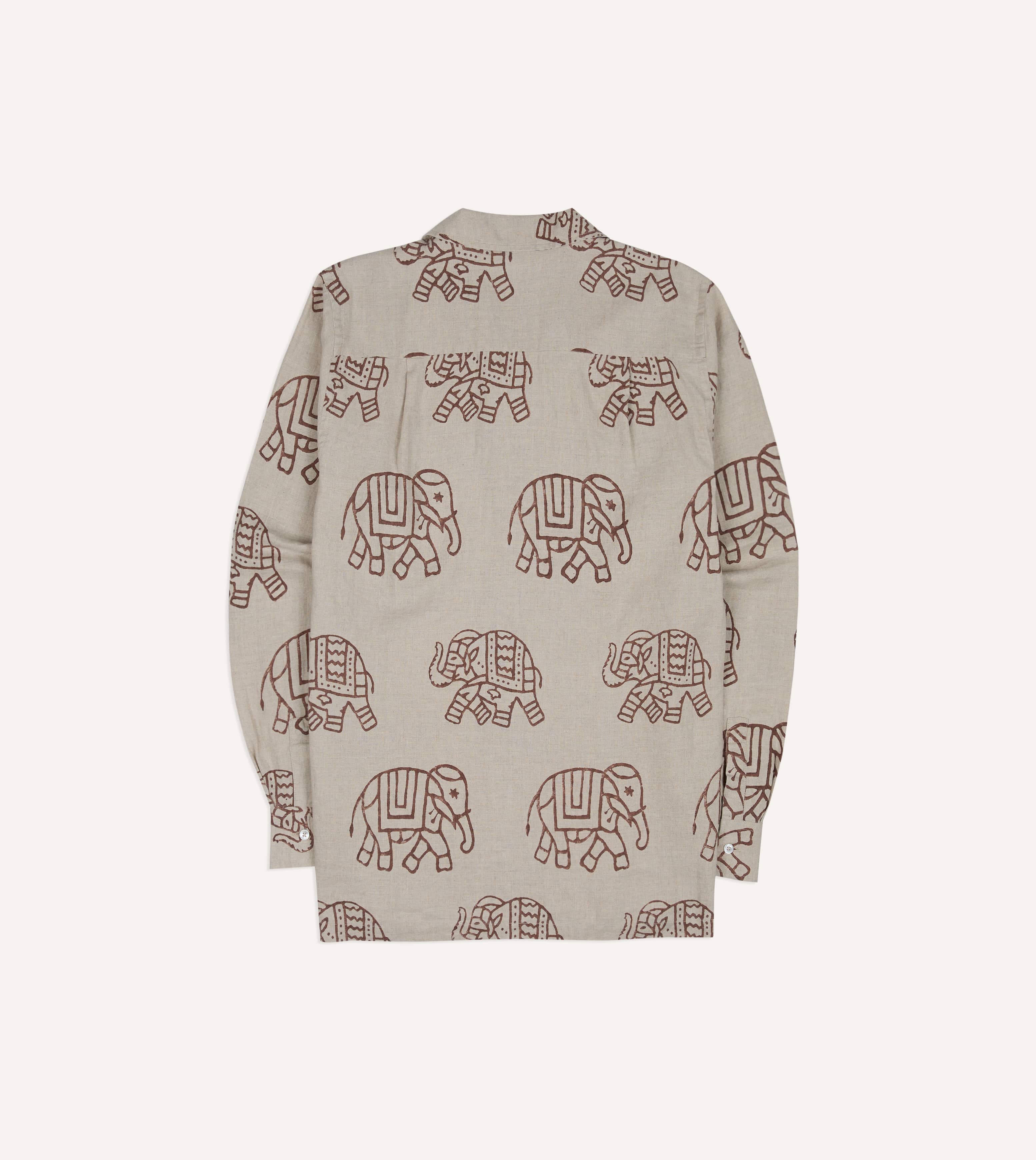 White Elephant Block Print Linen Camp Collar Long Sleeve Shirt