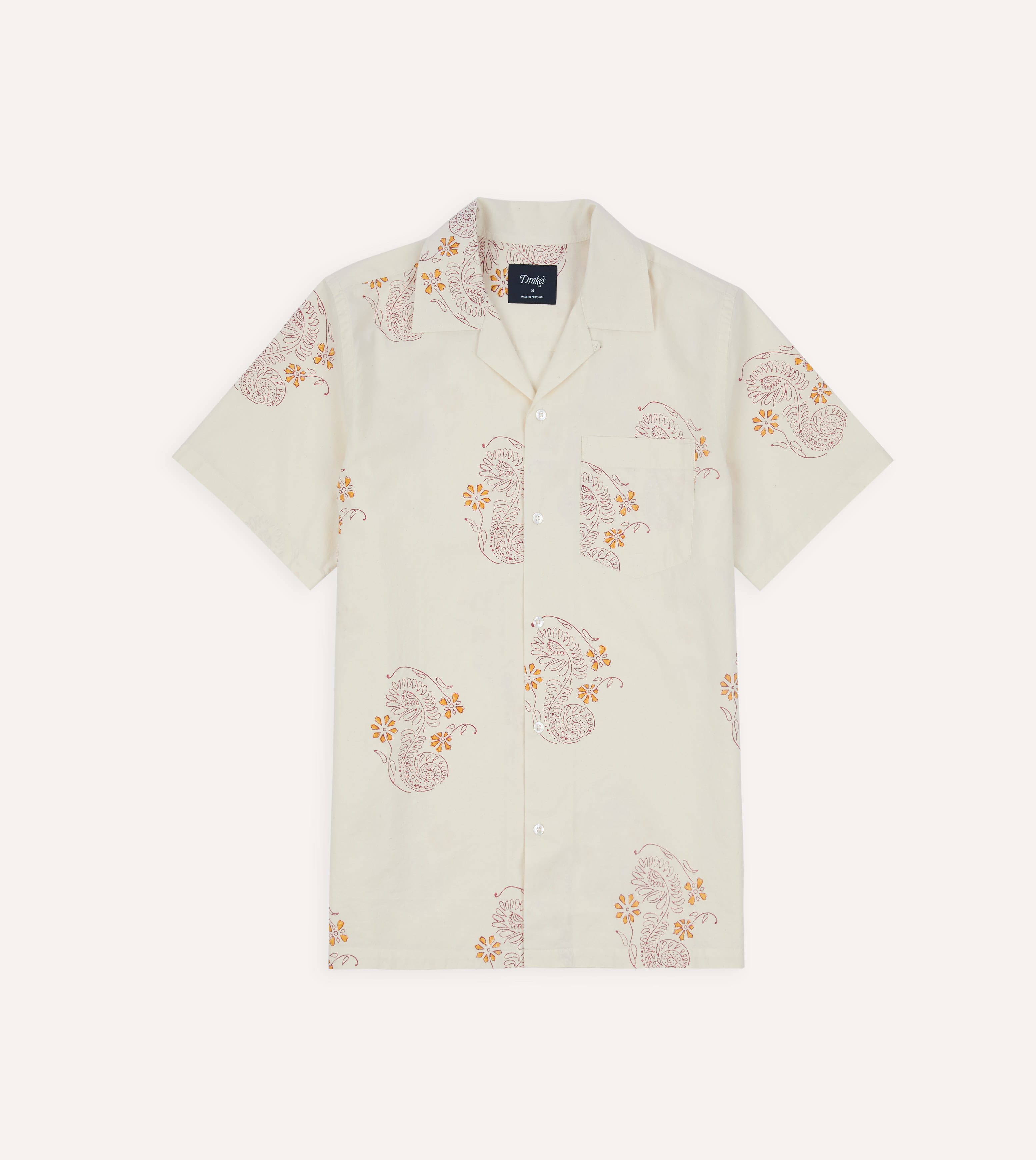 Ecru Floral Block Print Cotton Camp Collar Short Sleeve Shirt