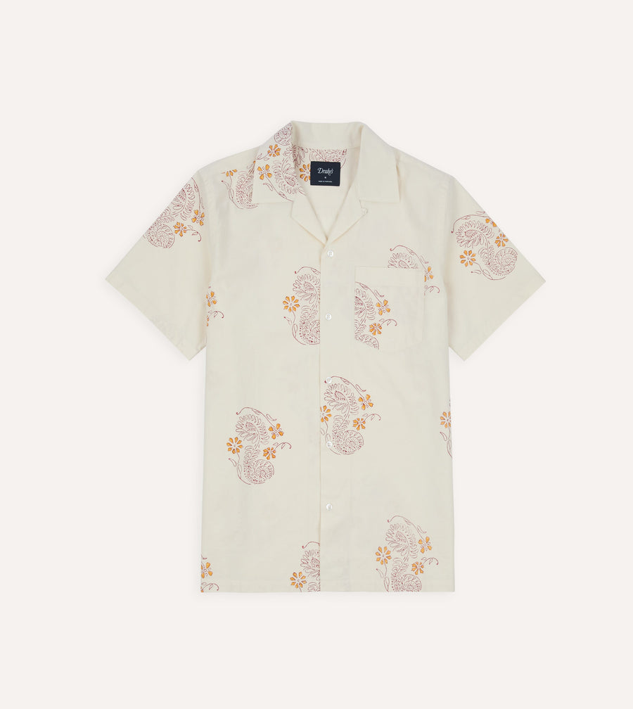 Ecru Floral Block Print Cotton Camp Collar Short Sleeve Shirt