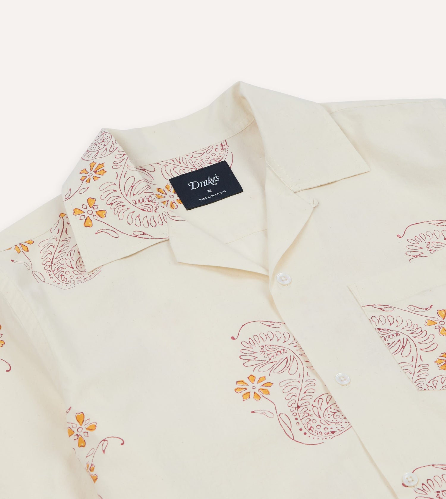 Ecru Floral Block Print Cotton Camp Collar Short Sleeve Shirt