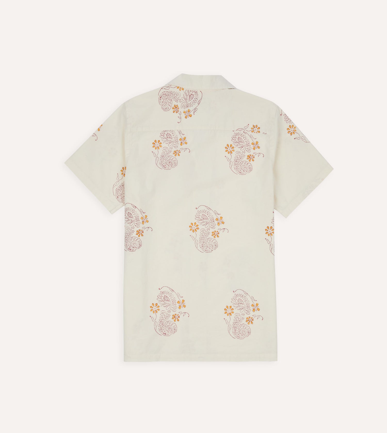 Ecru Floral Block Print Cotton Camp Collar Short Sleeve Shirt