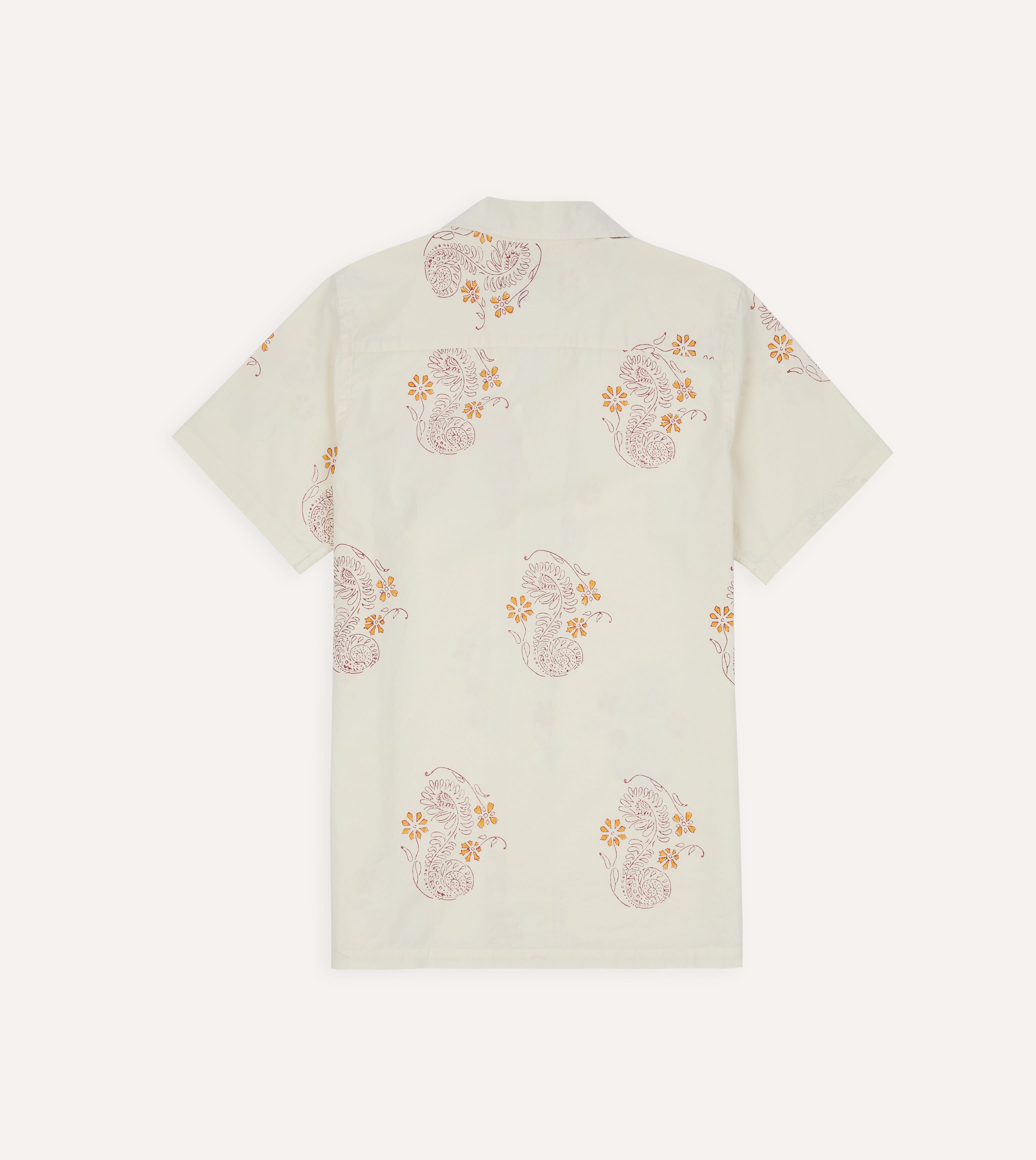 Ecru Floral Block Print Cotton Camp Collar Short Sleeve Shirt