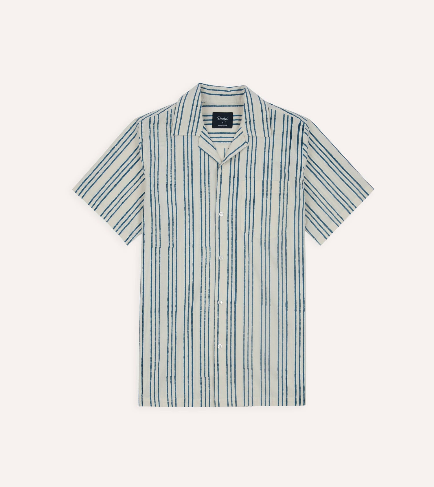 Indigo Triple Stripe Block Print Cotton Camp Collar Short Sleeve Shirt