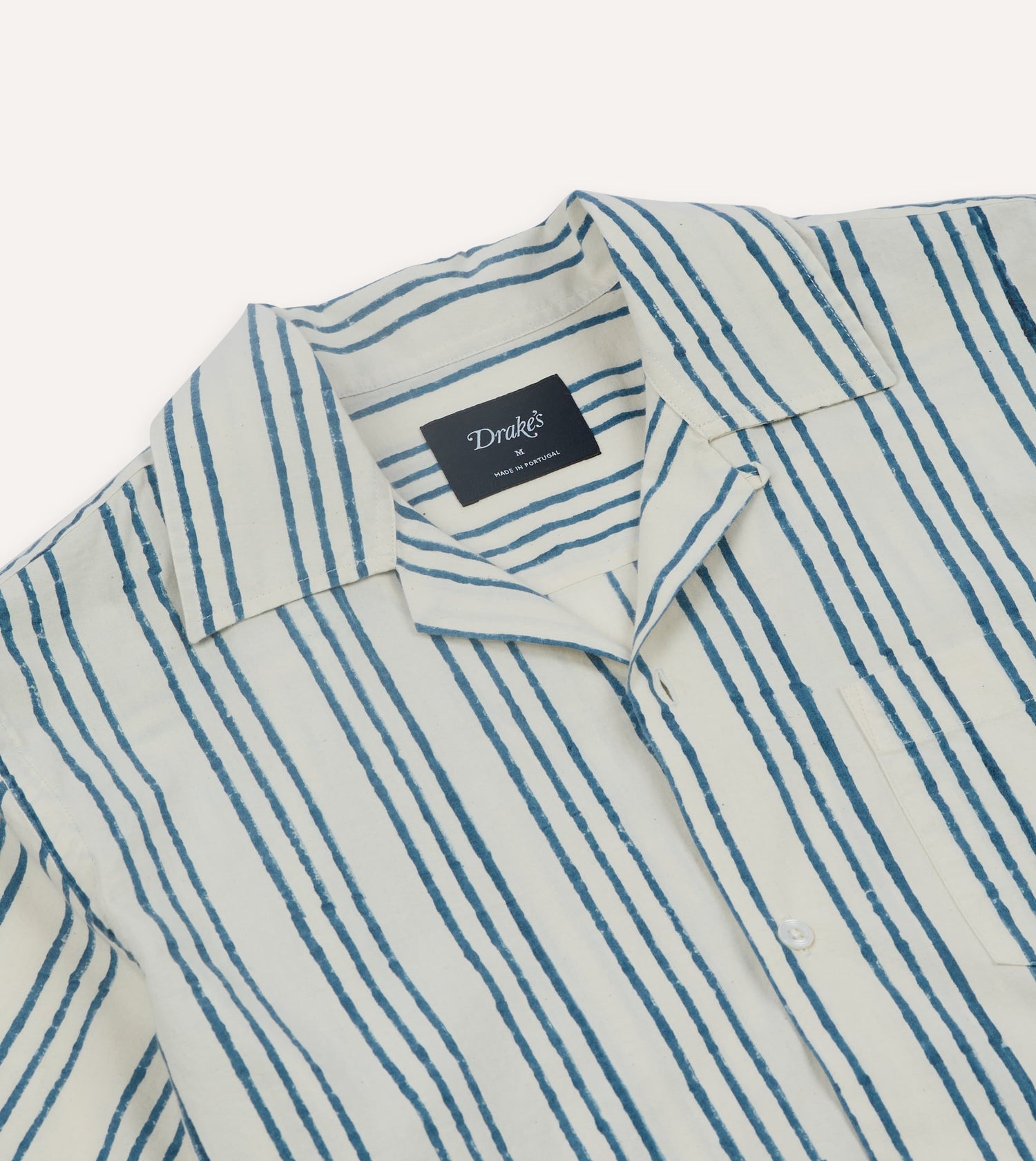 Indigo Triple Stripe Block Print Cotton Camp Collar Short Sleeve Shirt
