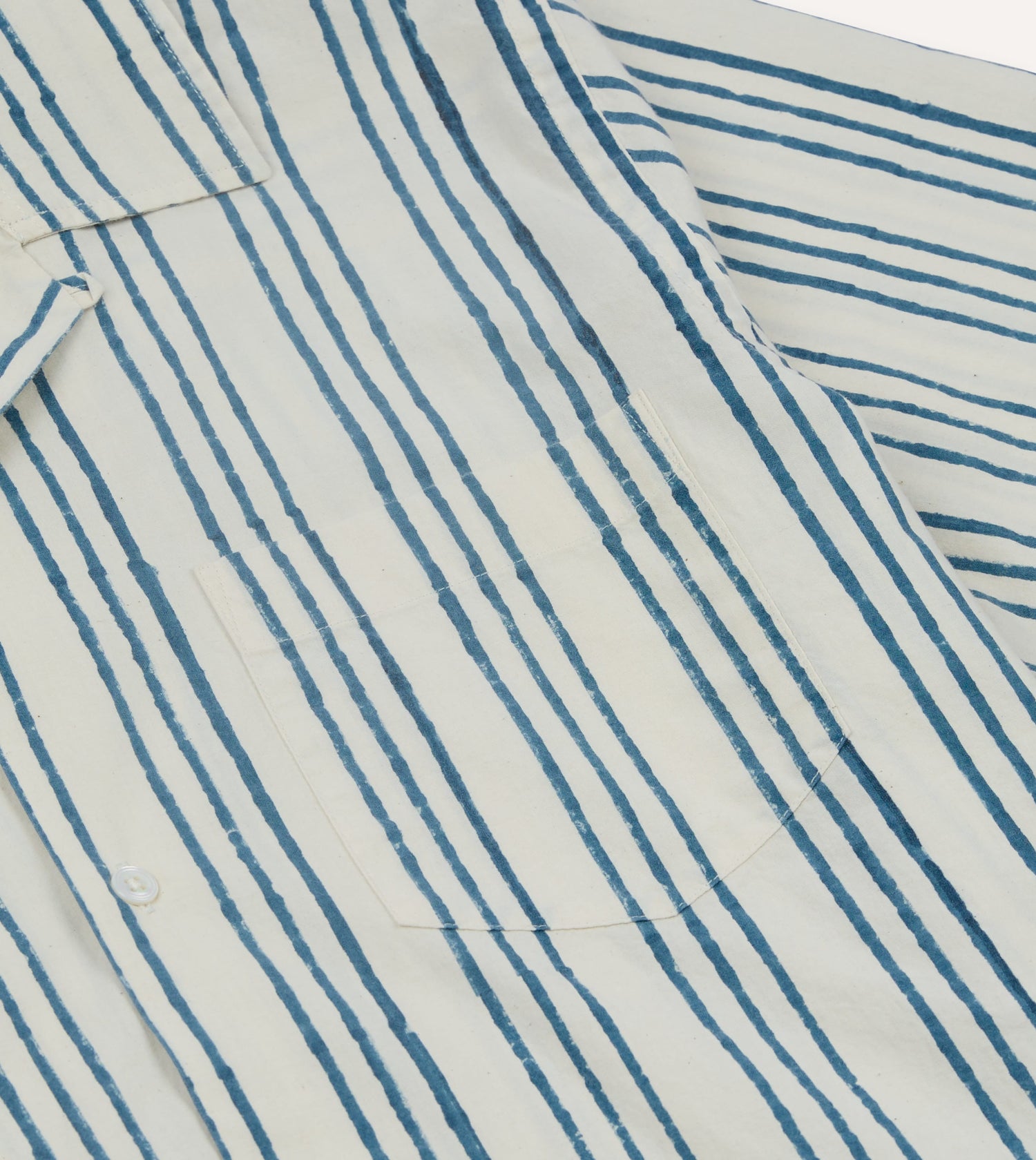 Indigo Triple Stripe Block Print Cotton Camp Collar Short Sleeve Shirt