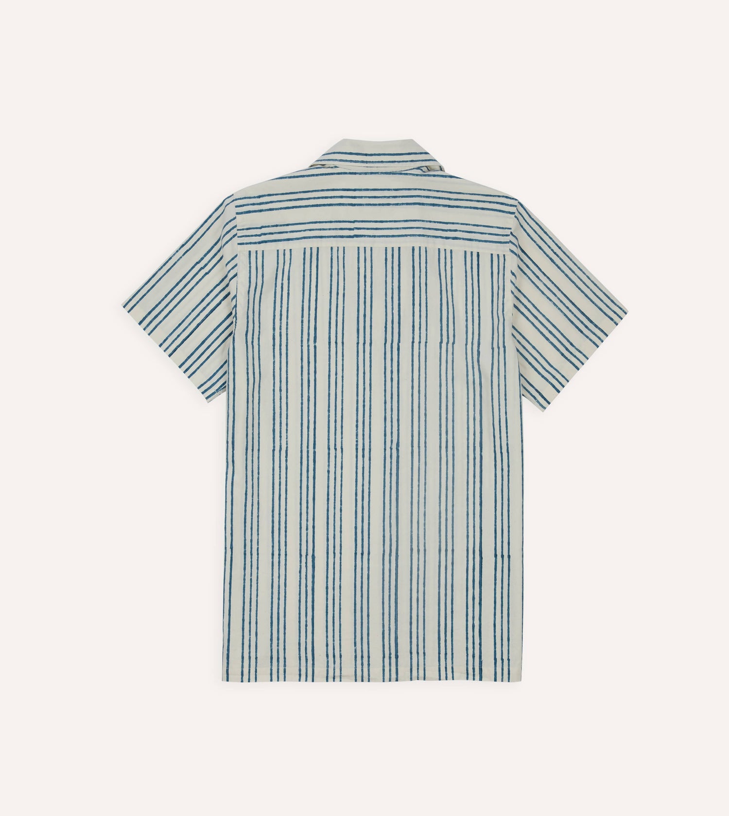 Indigo Triple Stripe Block Print Cotton Camp Collar Short Sleeve Shirt
