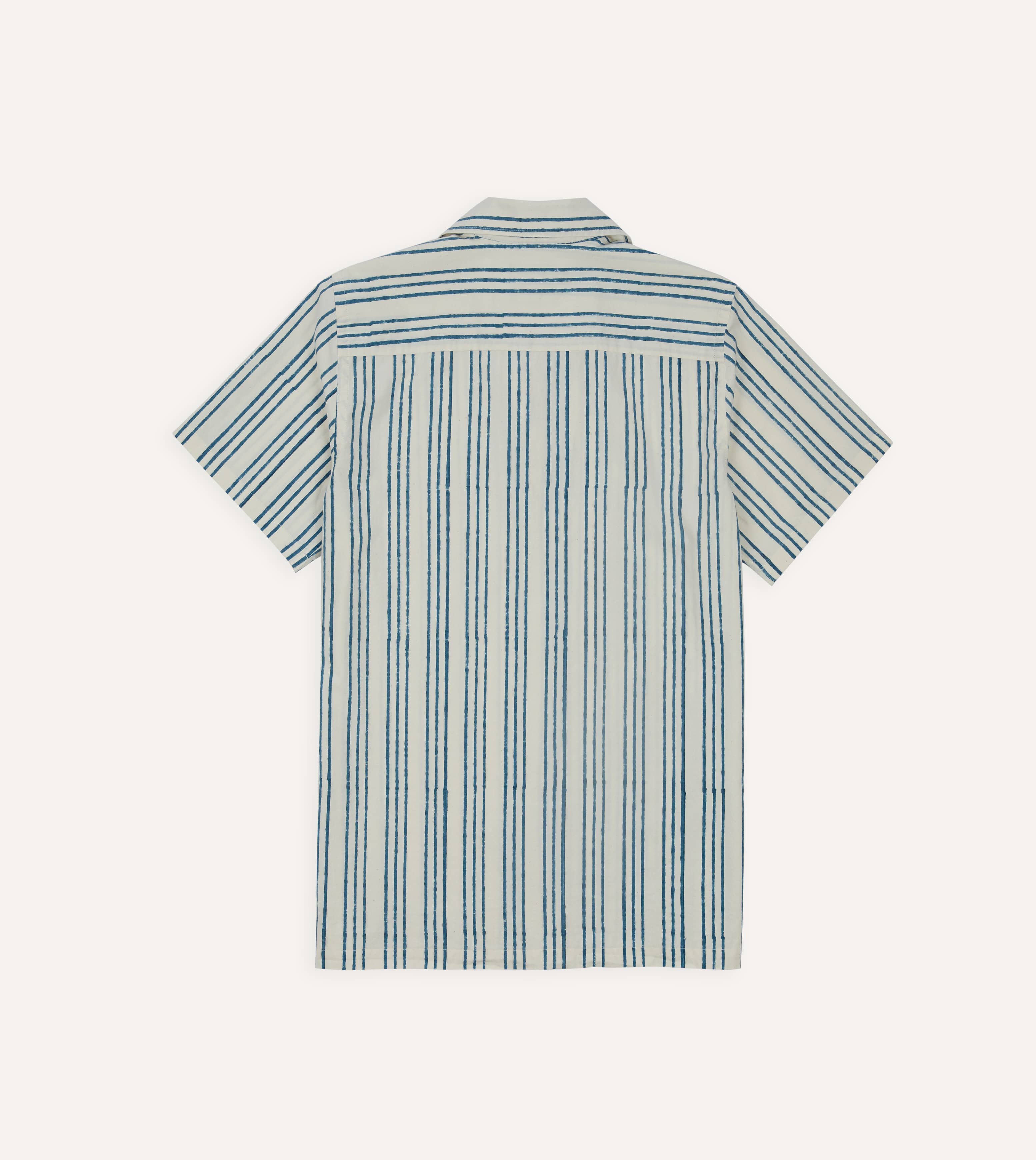 Indigo Triple Stripe Block Print Cotton Camp Collar Short Sleeve Shirt