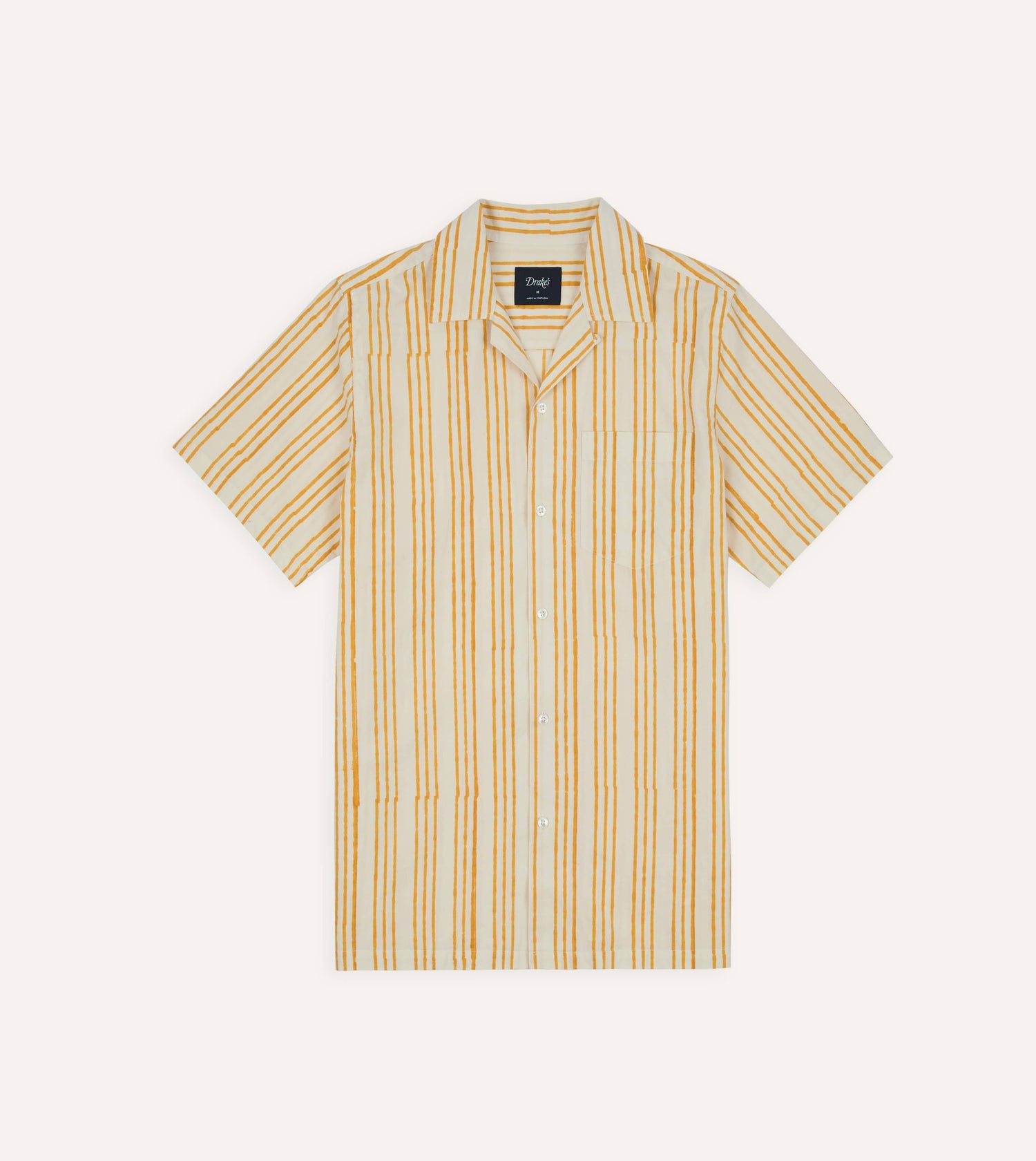 Yellow Triple Stripe Block Print Cotton Camp Collar Short Sleeve Shirt