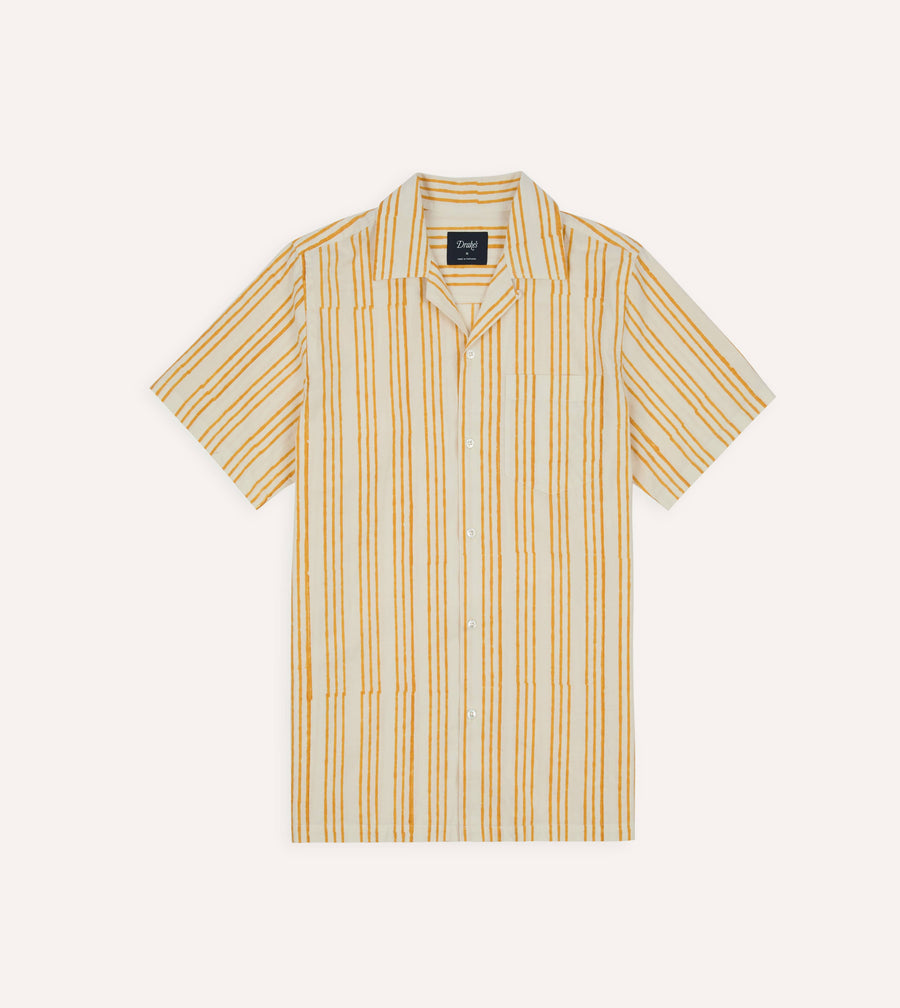 Yellow Triple Stripe Block Print Cotton Camp Collar Short Sleeve Shirt