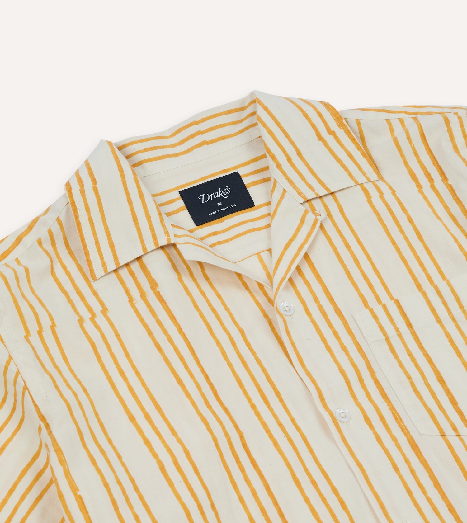 Yellow Triple Stripe Block Print Cotton Camp Collar Short Sleeve Shirt