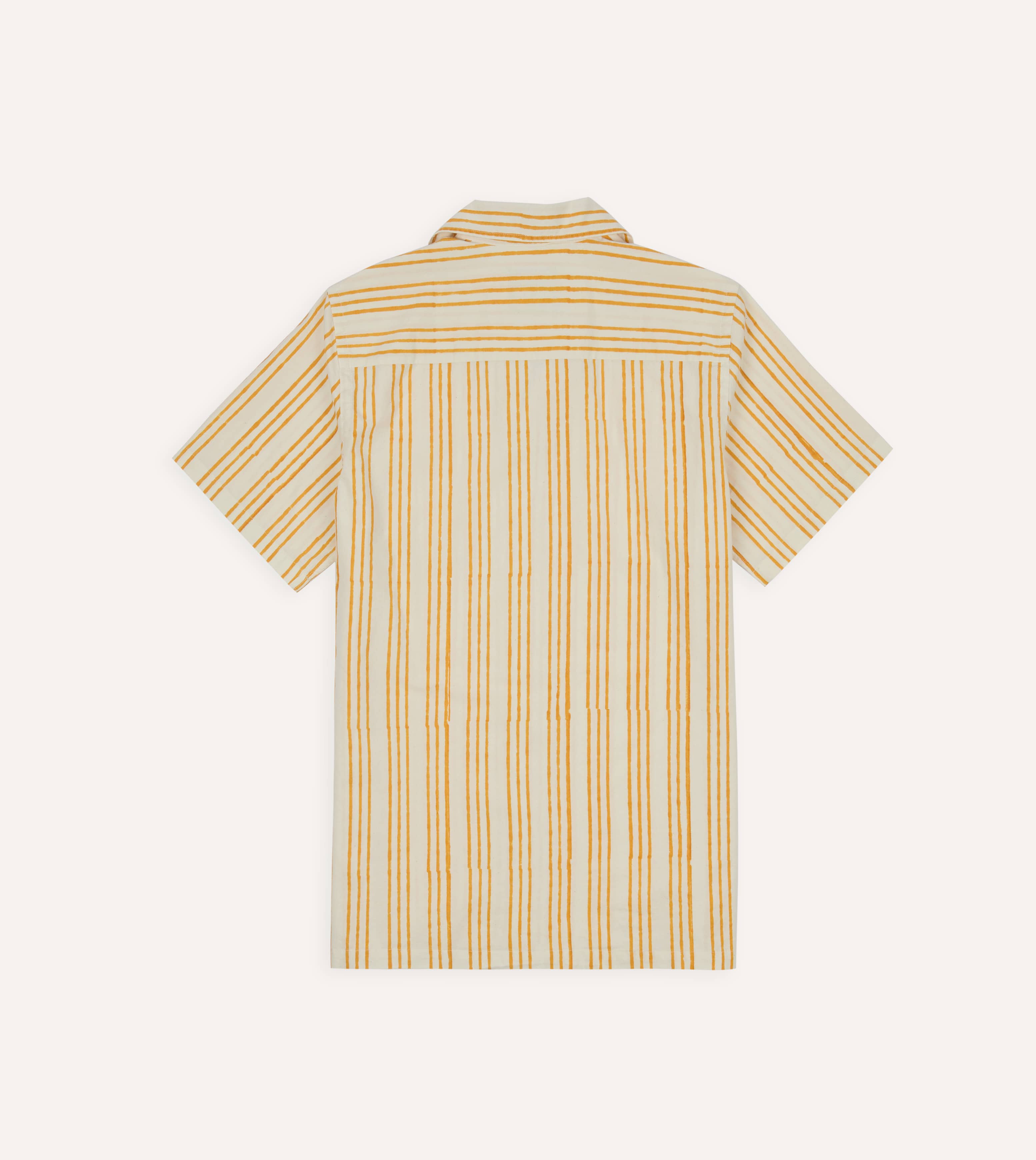 Yellow Triple Stripe Block Print Cotton Camp Collar Short Sleeve Shirt