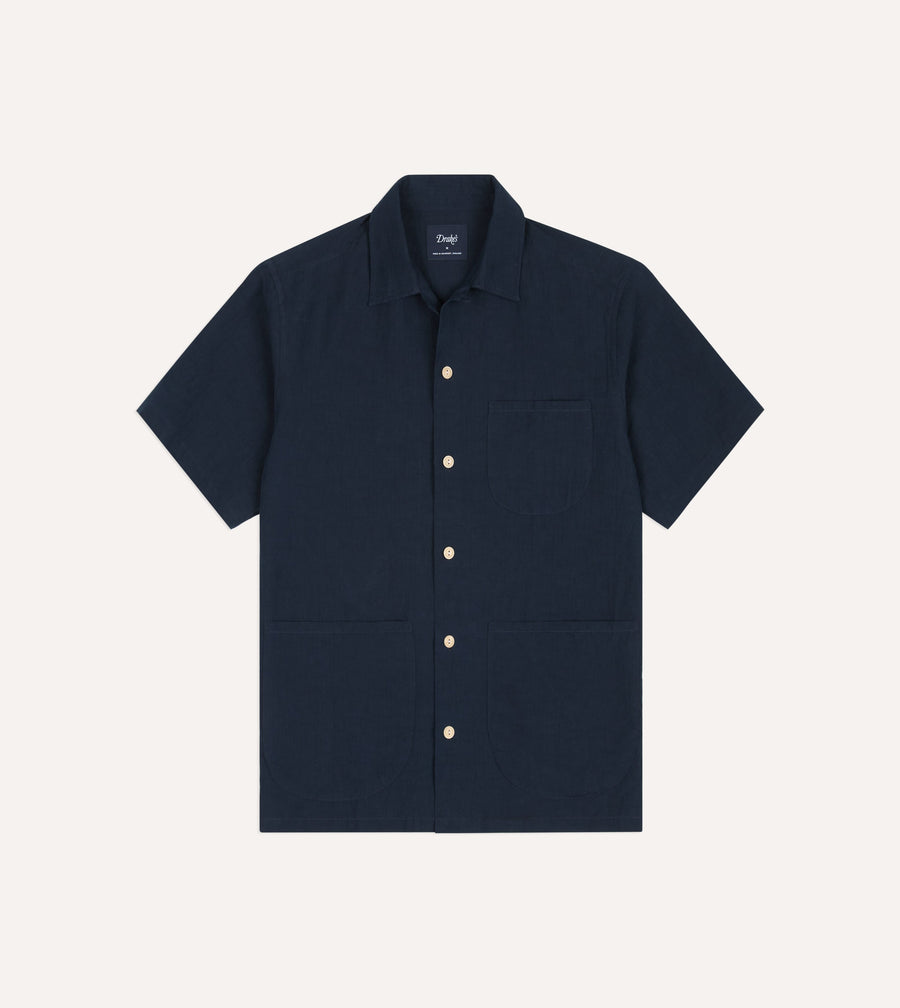 Navy Cotton-Linen Camp Collar Three Pocket Short Sleeve Shirt