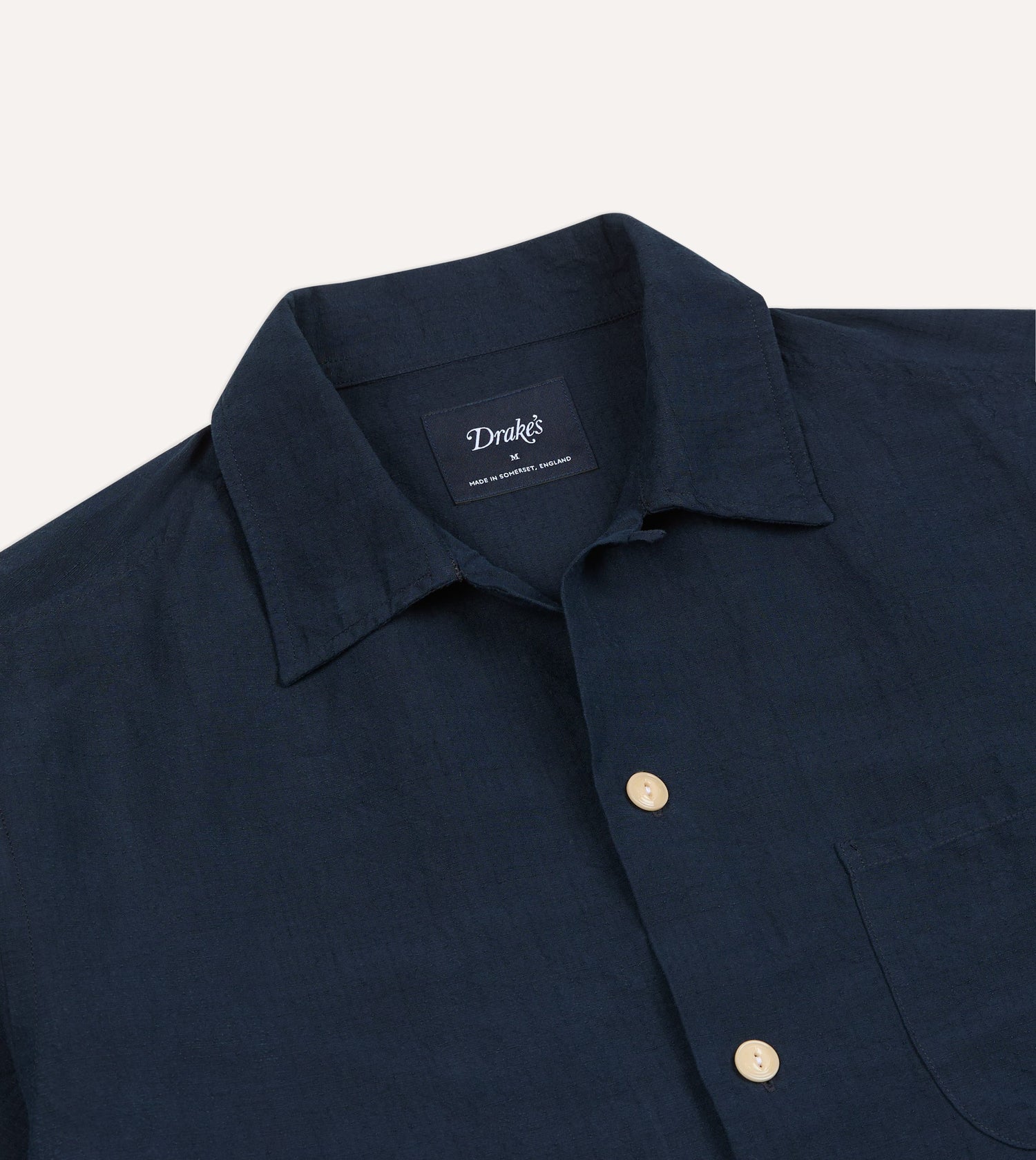 Navy Cotton-Linen Camp Collar Three Pocket Short Sleeve Shirt