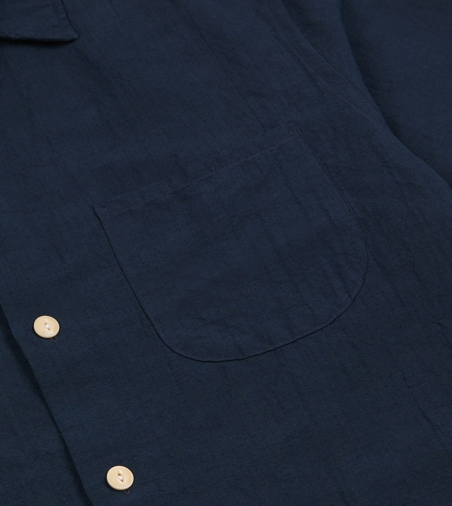 Navy Cotton-Linen Camp Collar Three Pocket Short Sleeve Shirt