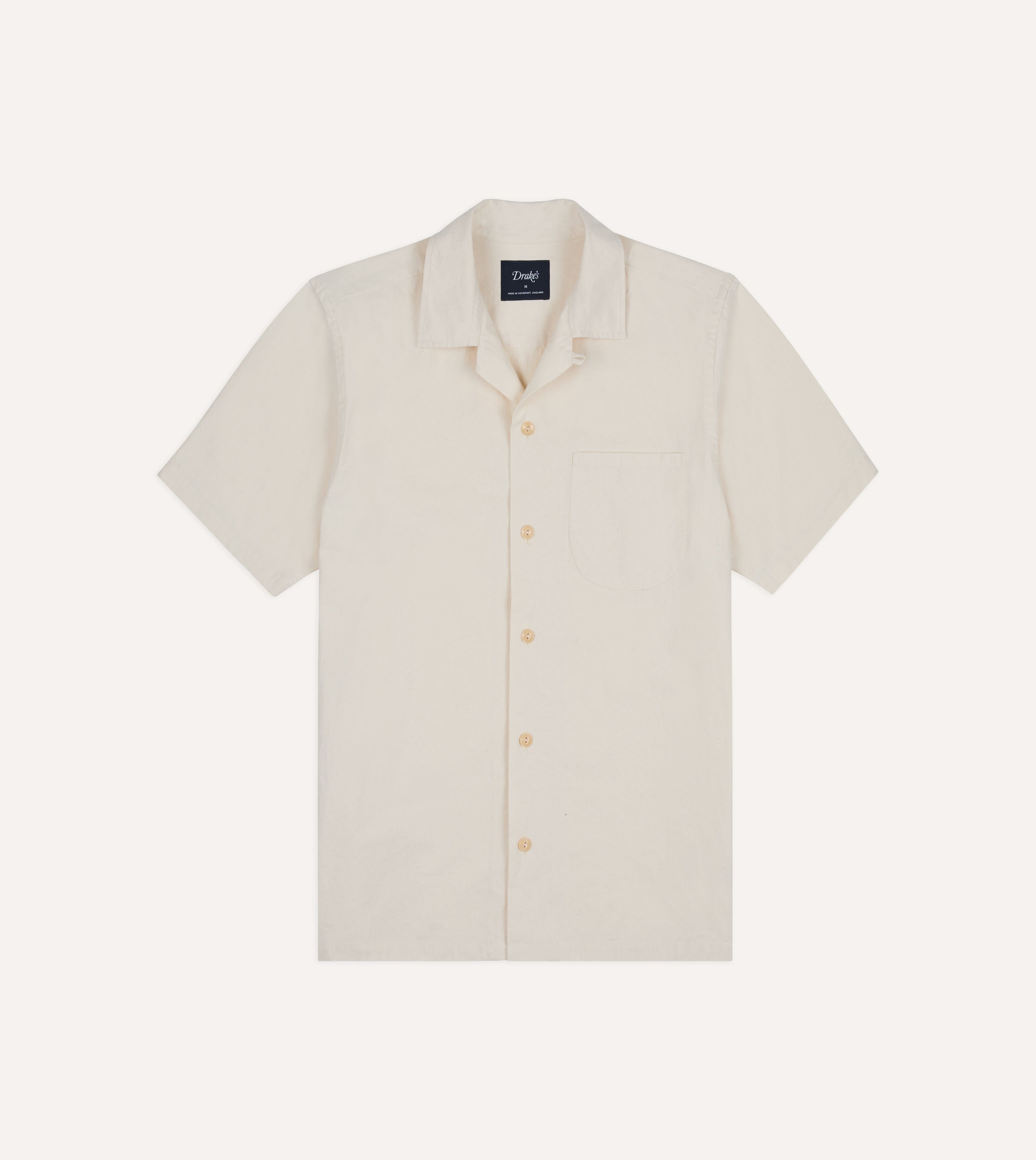 Ecru Cotton-Hemp Camp Collar Short Sleeve Shirt