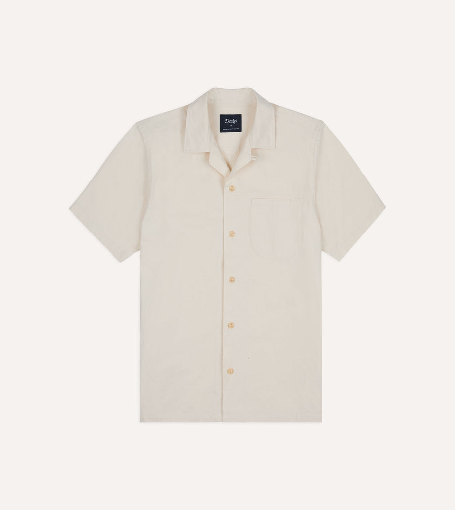 Ecru Cotton-Hemp Camp Collar Short Sleeve Shirt