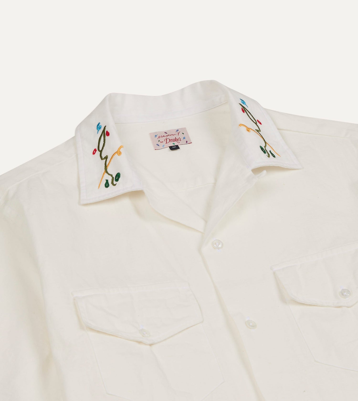 Mayumi Y. for Drake’s Embroidered Cotton-Linen Camp Collar Short Sleeve Shirt