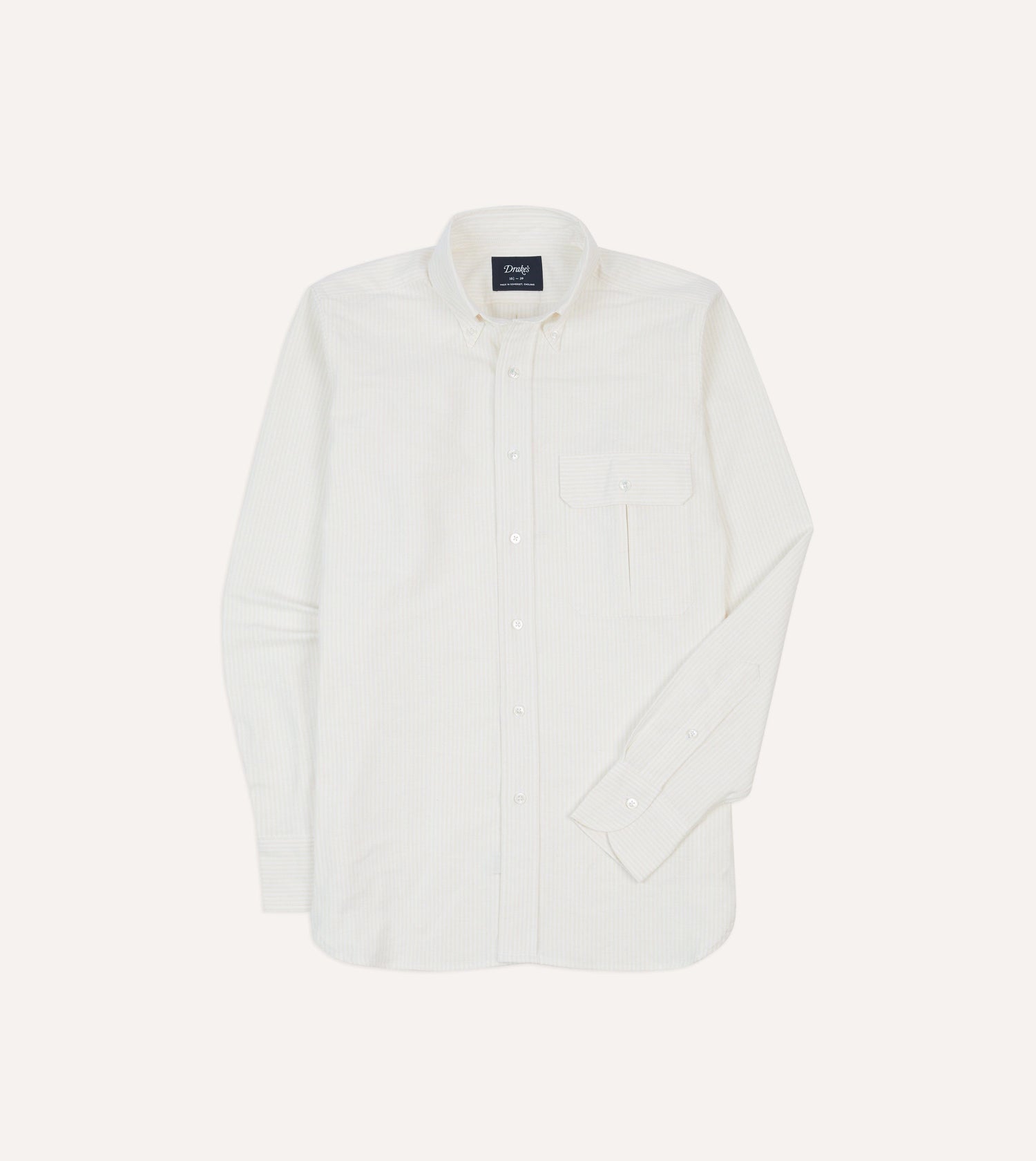 Cream Ticking Stripe Cotton Oxford Cloth Pocket Button-Down Shirt