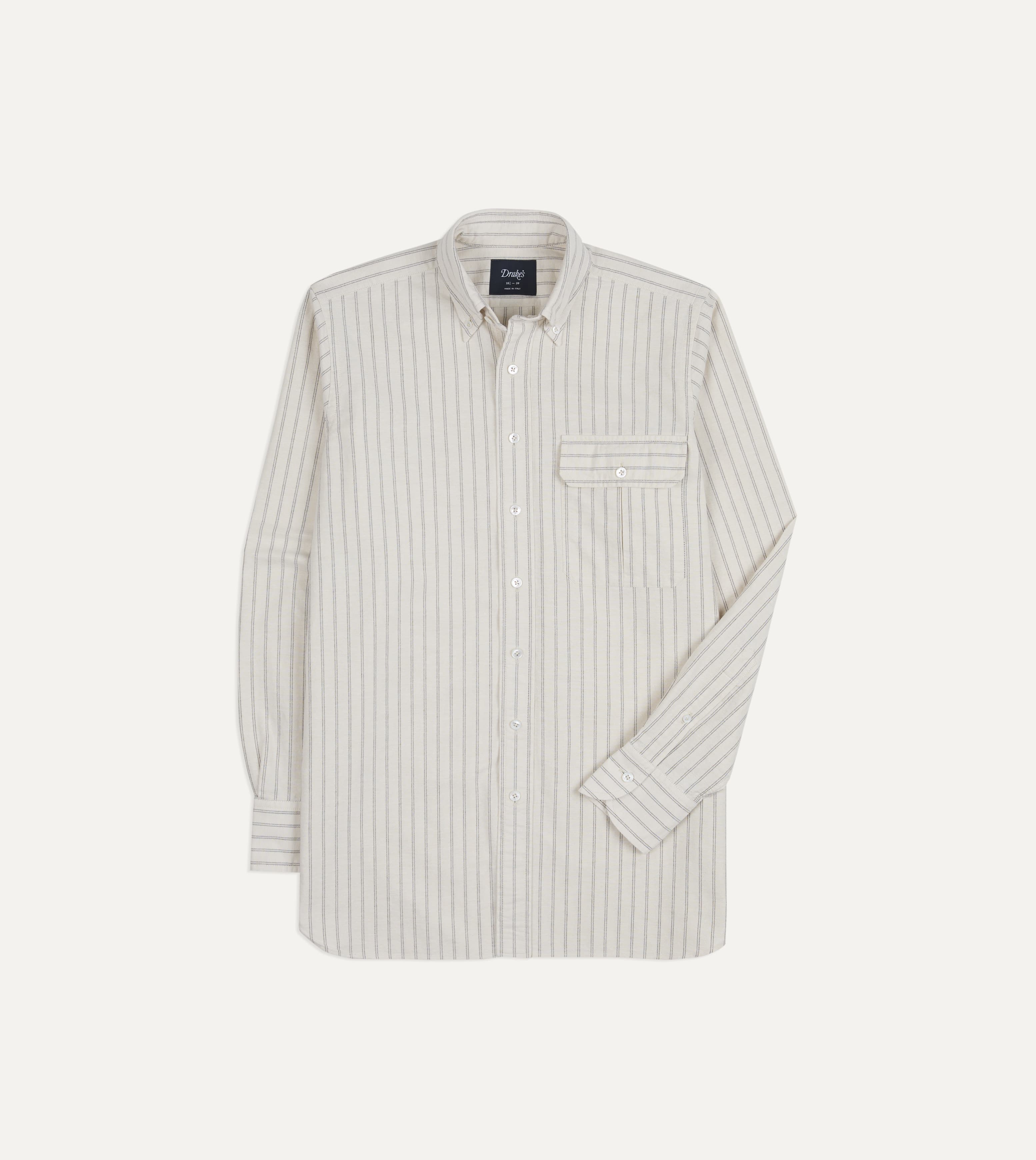 Ecru Stripe Cotton Oxford Cloth Pocket Button-Down Shirt