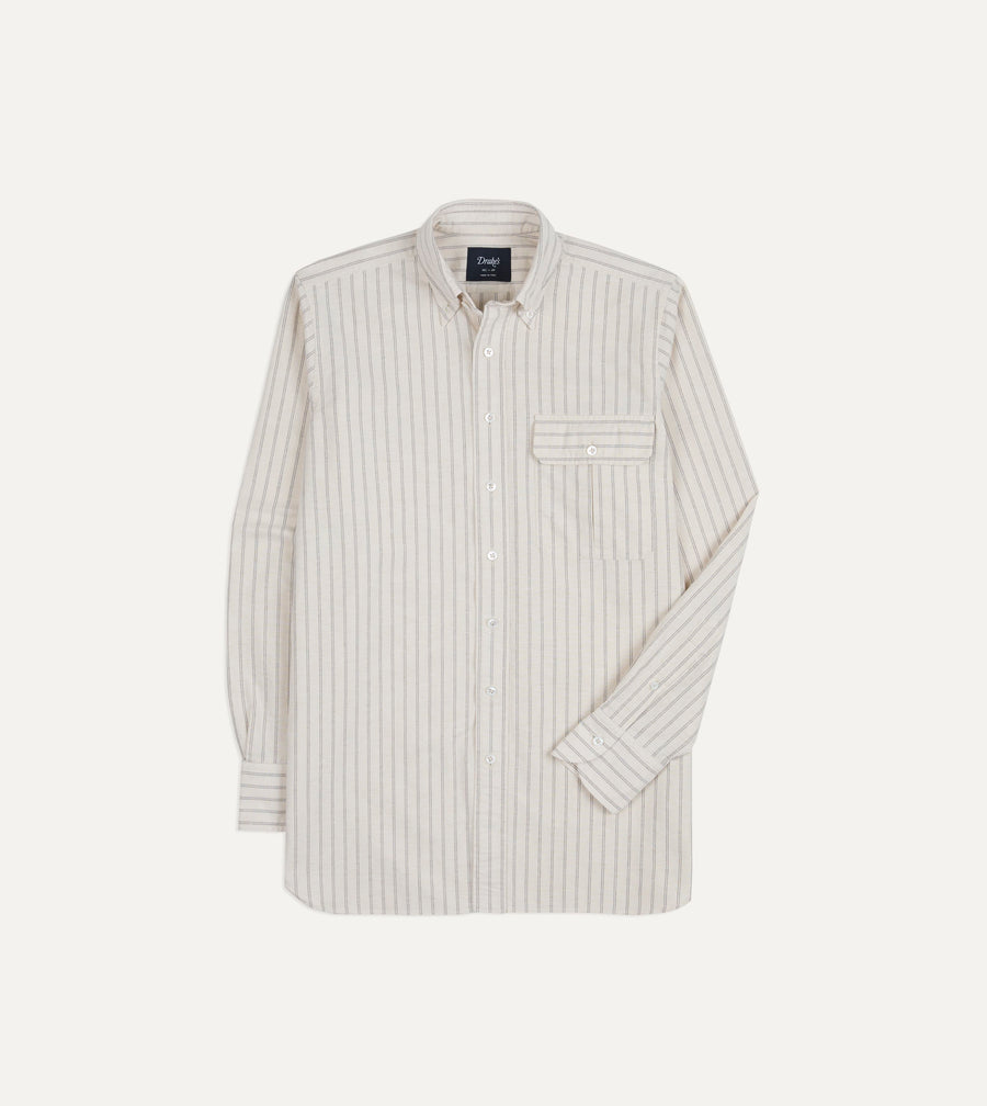 Ecru Stripe Cotton Oxford Cloth Pocket Button-Down Shirt